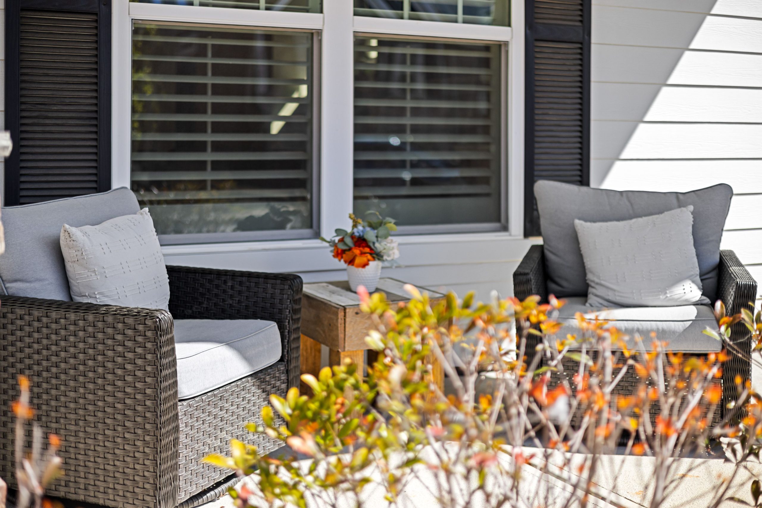 Outdoor patio scene featuring wicker armchairs and plants in vibrant sunlight.