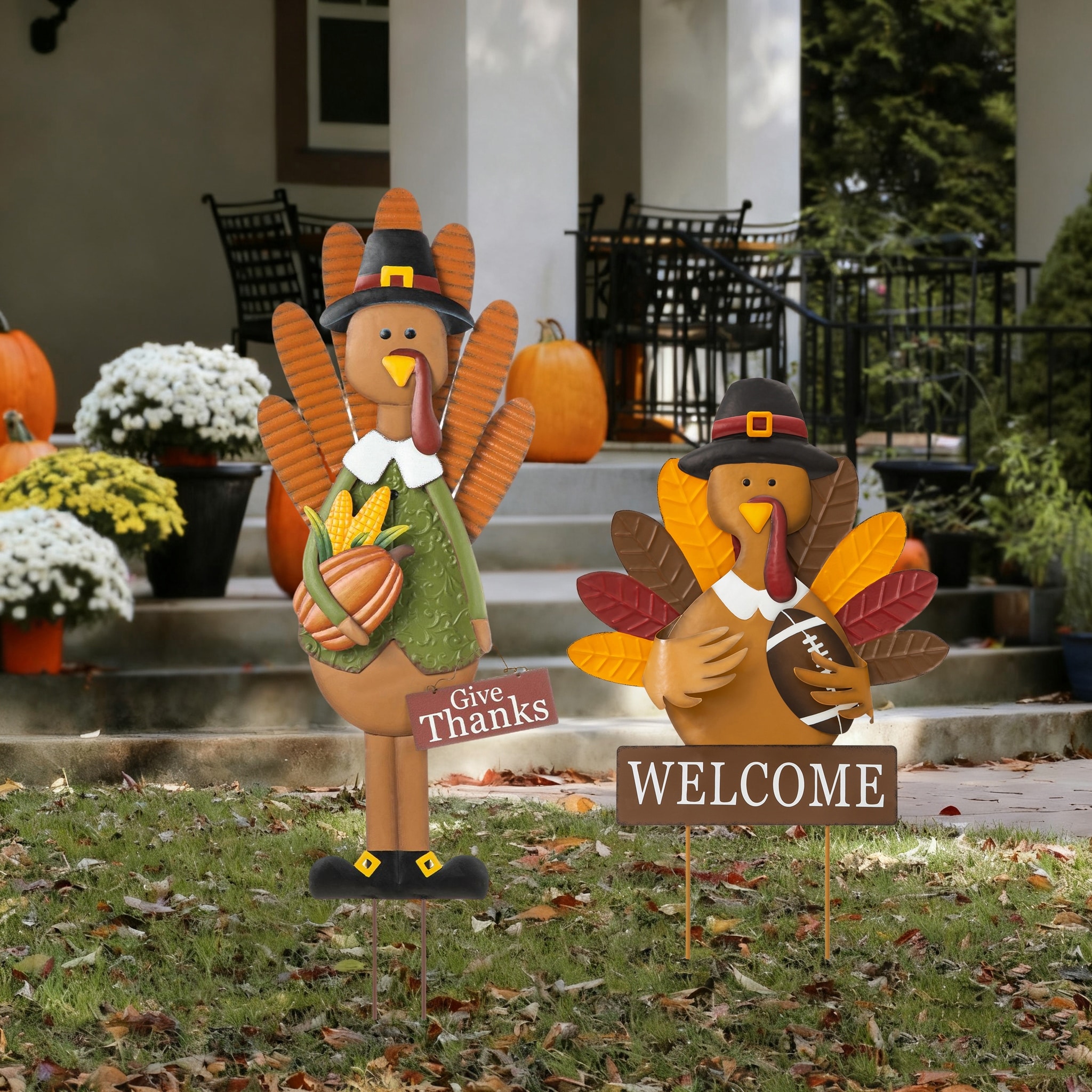 Outdoor Thanksgiving Decor Yard Glitzhome Fall Thanksgiving Metal Turkey Pumpkins Yard Stake