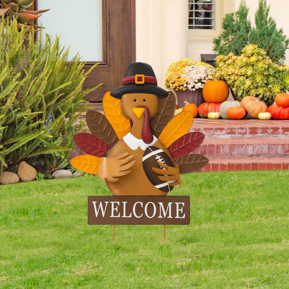 Outdoor Thanksgiving Decor Yard Glitzhome Fall Thanksgiving Metal Turkey Pumpkins Yard Stake