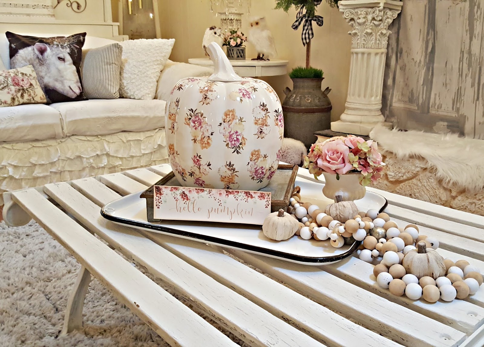 Penny's Vintage Home: Simple Fall Coffee Table Vignette & Bianca Sheep Pillow