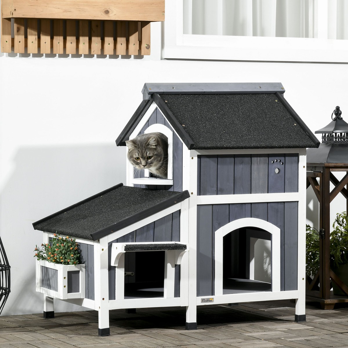 Pet Homemade Feral Cat Shelter Outdoor Insulated Wooden Cat House, 2-Story Weatherproof Shelter With Doors