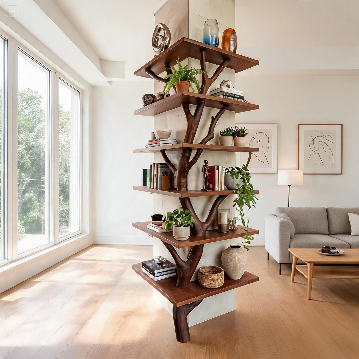 Sculptural Tree Branch Solid Wood Bookshelf - Organic Modern Tree Shelf - 24'W1 x 24'W2 x 70'H