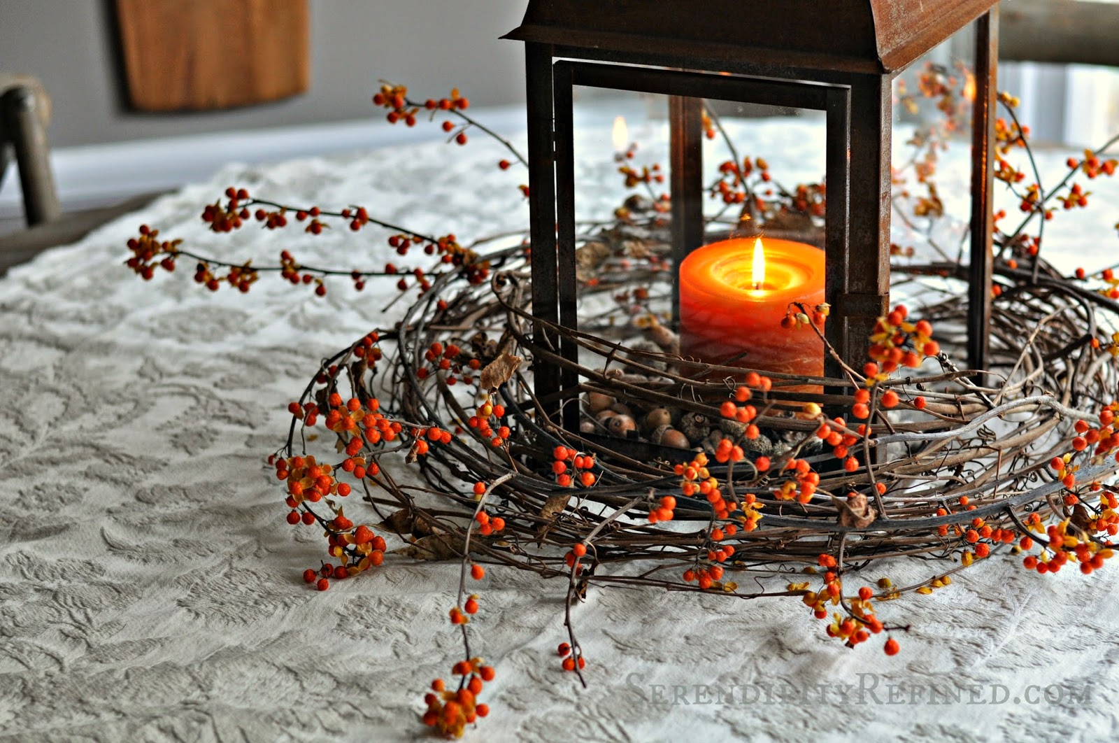 Serendipity Refined Blog: Rusty Lantern and Bittersweet Simple Fall Table Centerpiece