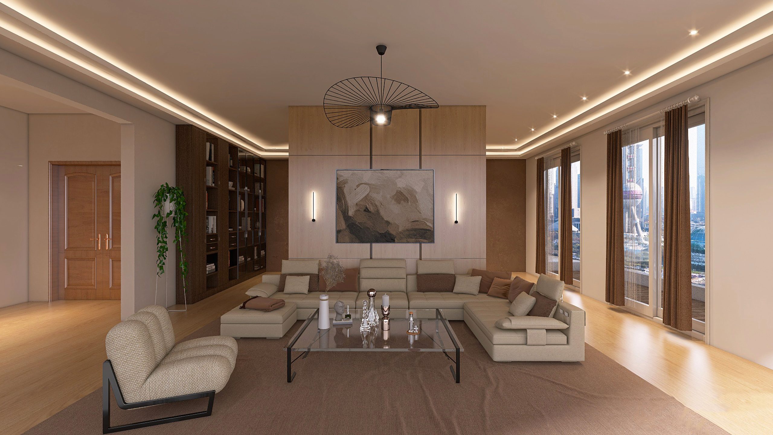 Spacious contemporary living room featuring sleek furniture and panoramic city views.