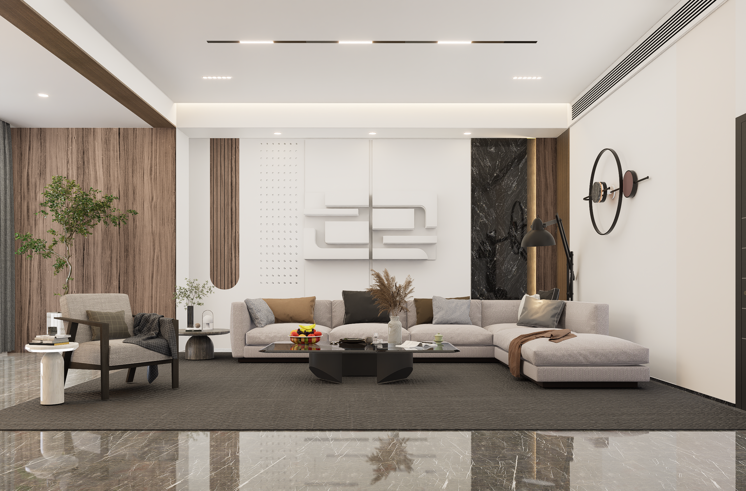 Spacious modern living room with minimalist design and stylish decor elements.