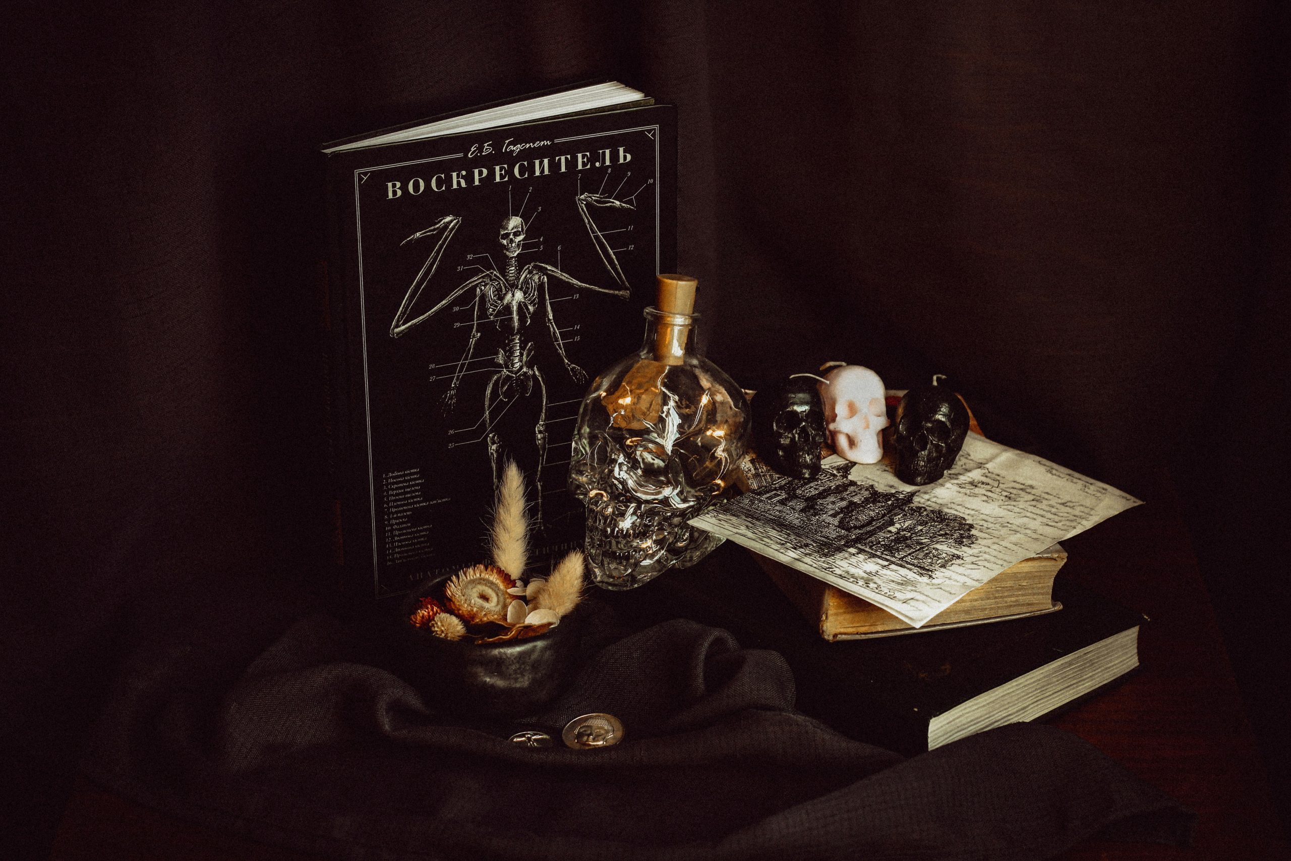 Still life with book, bottle, and skulls