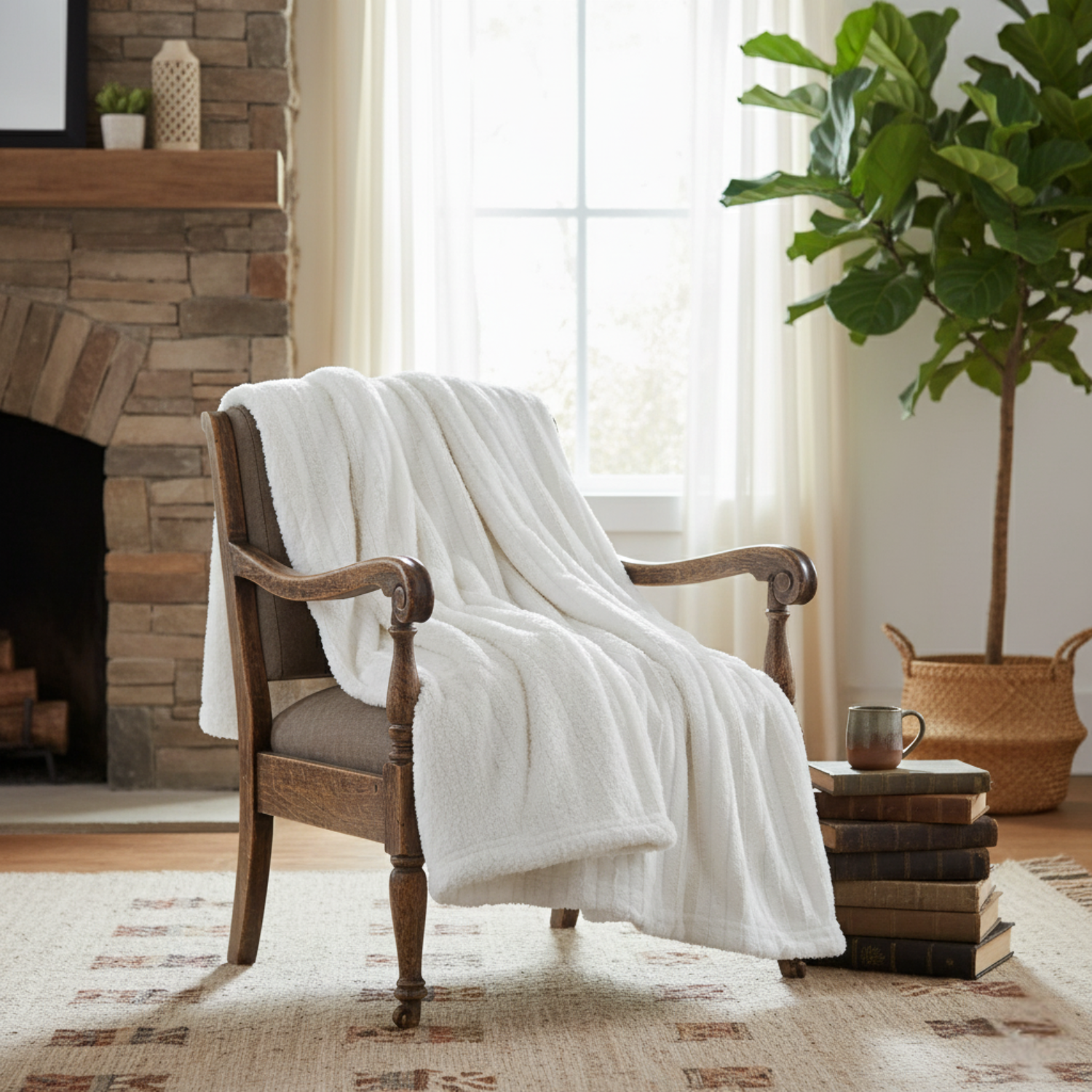 Tache Home Fashion Polar Ivory Throw with Faux Fur Throw Blanket, White
