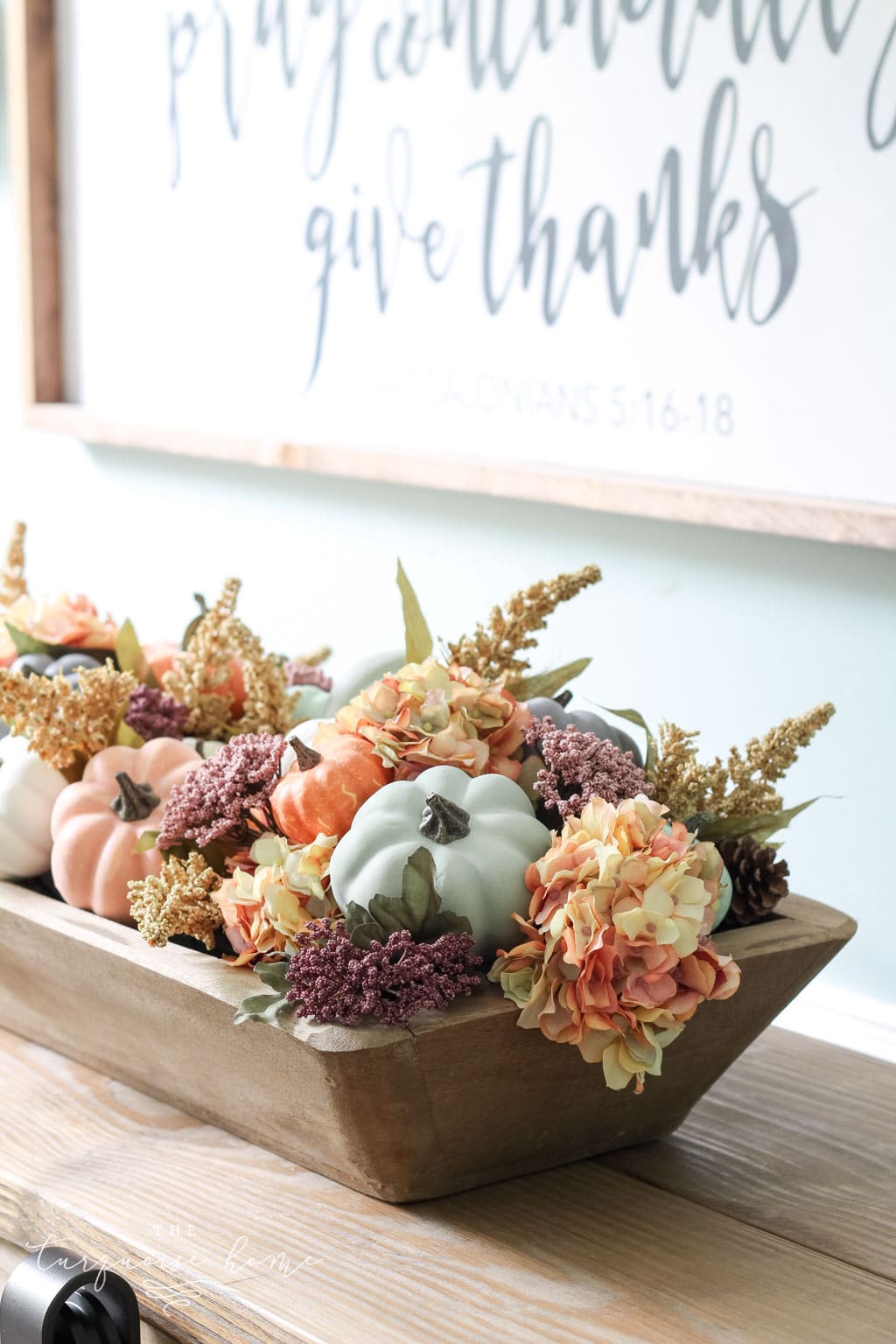 Upcycled Rustic Wooden Dough Bowl with Pale Peach Floral Accents