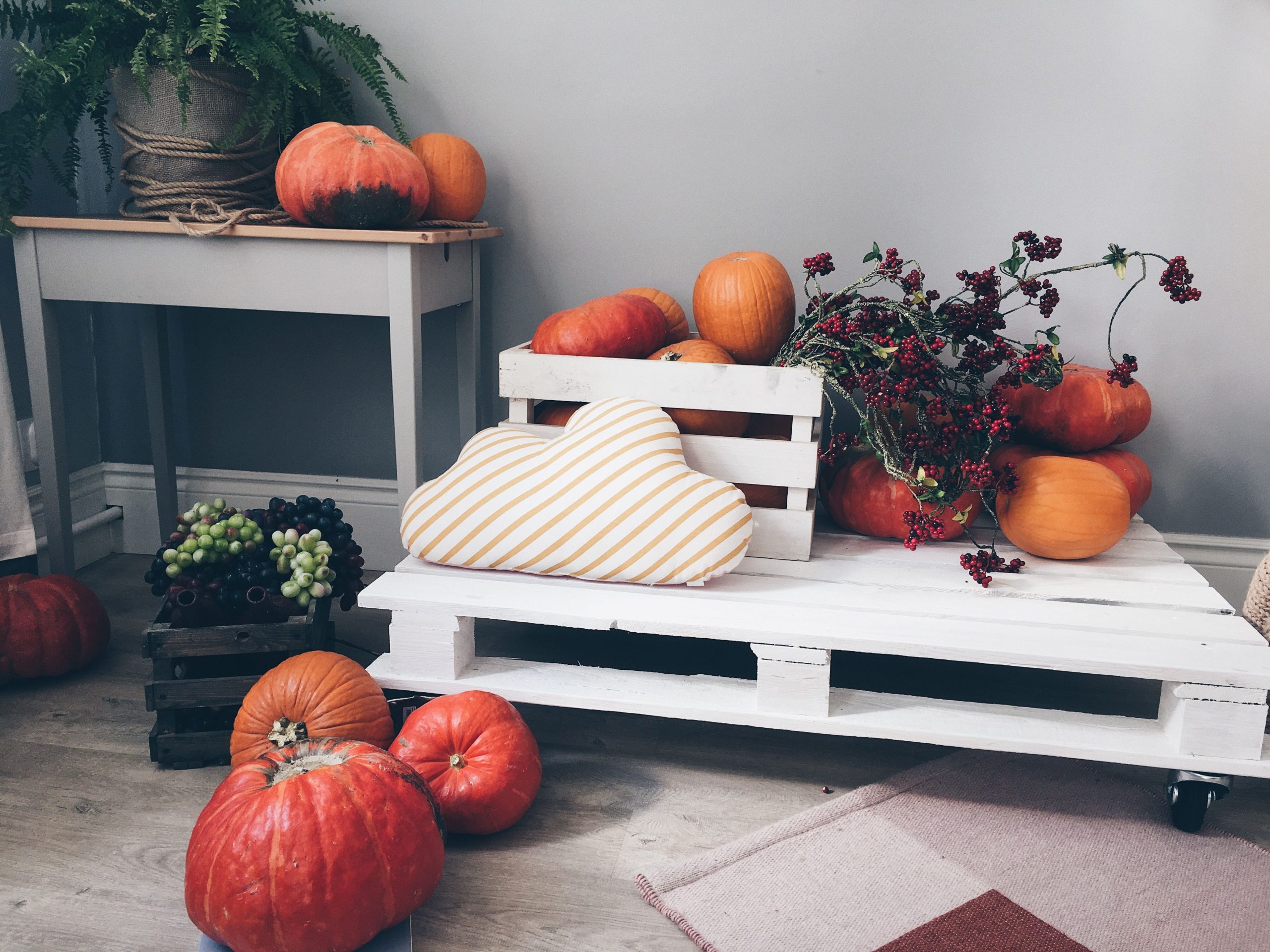 Warm autumn arrangement indoors with pumpkins, berries, and cozy decor on wooden pallets.