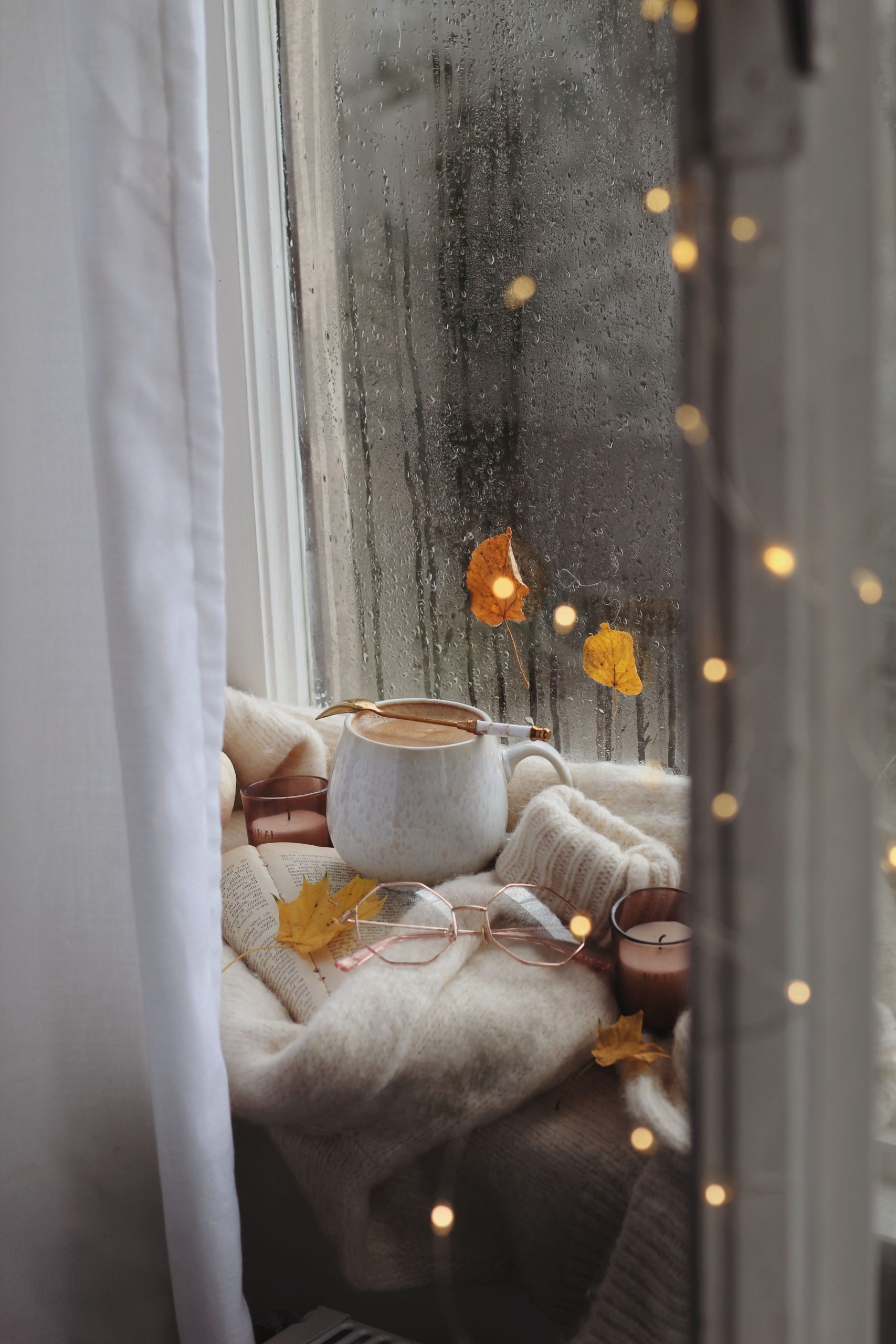 Warm cozy scene with coffee, glasses, and autumn leaves by a rainy window.