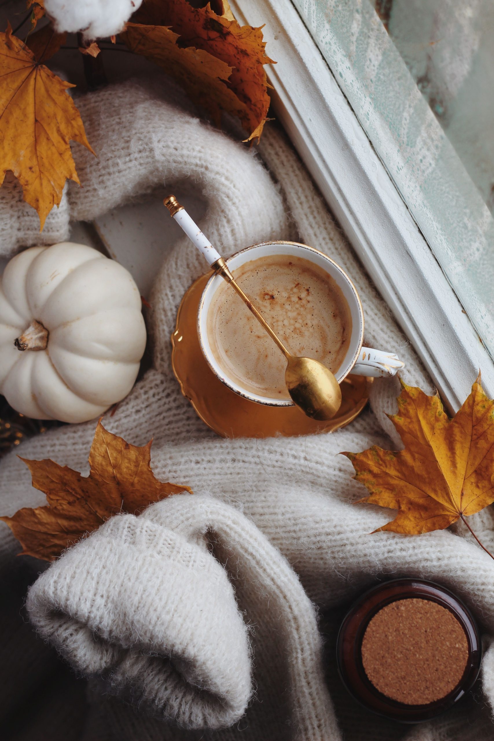Warm fall scene with coffee, pumpkin, and leaves by a window, perfect for autumn vibes.