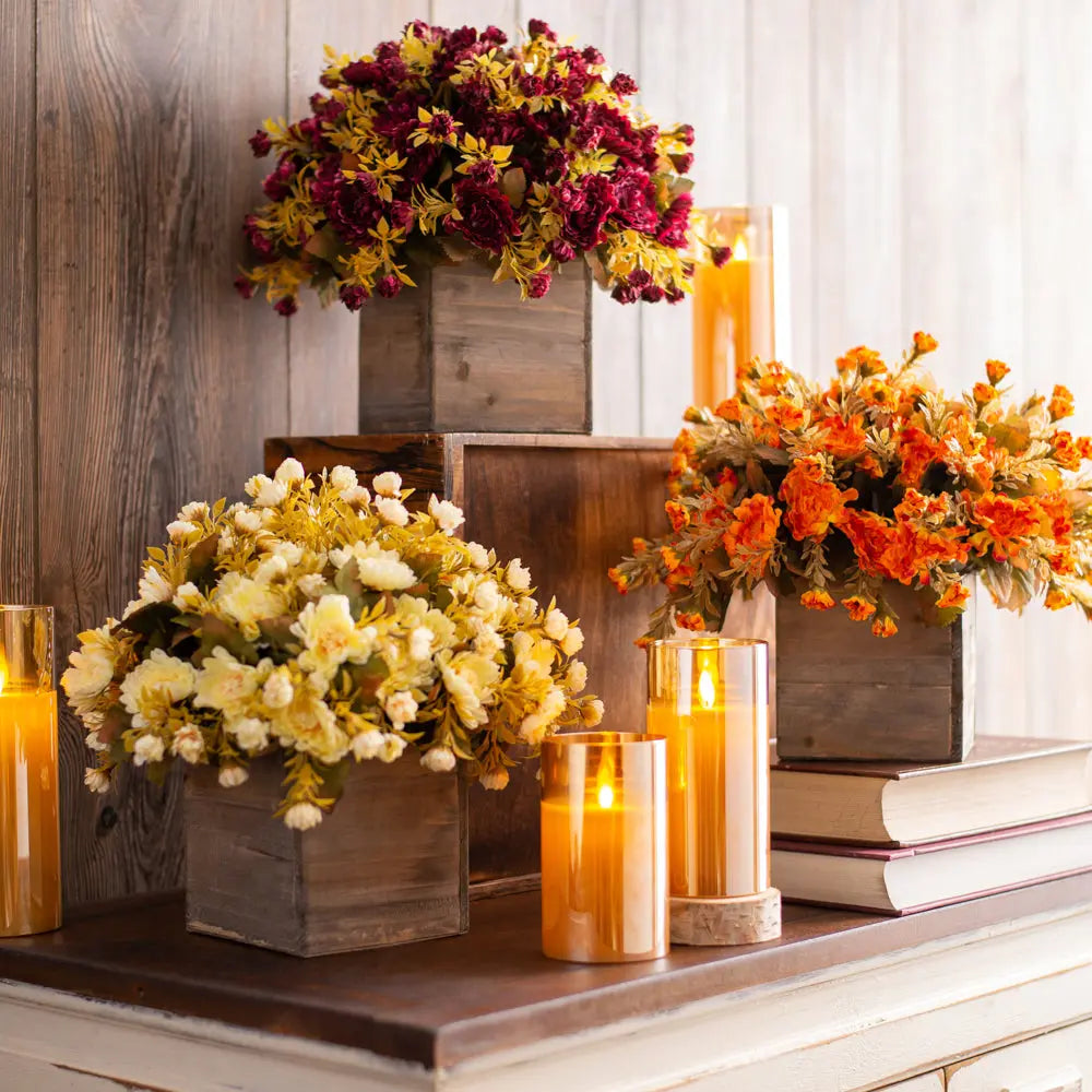 Wood Burned Centerpiece Box Mini Mum Fall Farm House Floral Arrangement Centerpiece In Natural – Darby Creek Trading