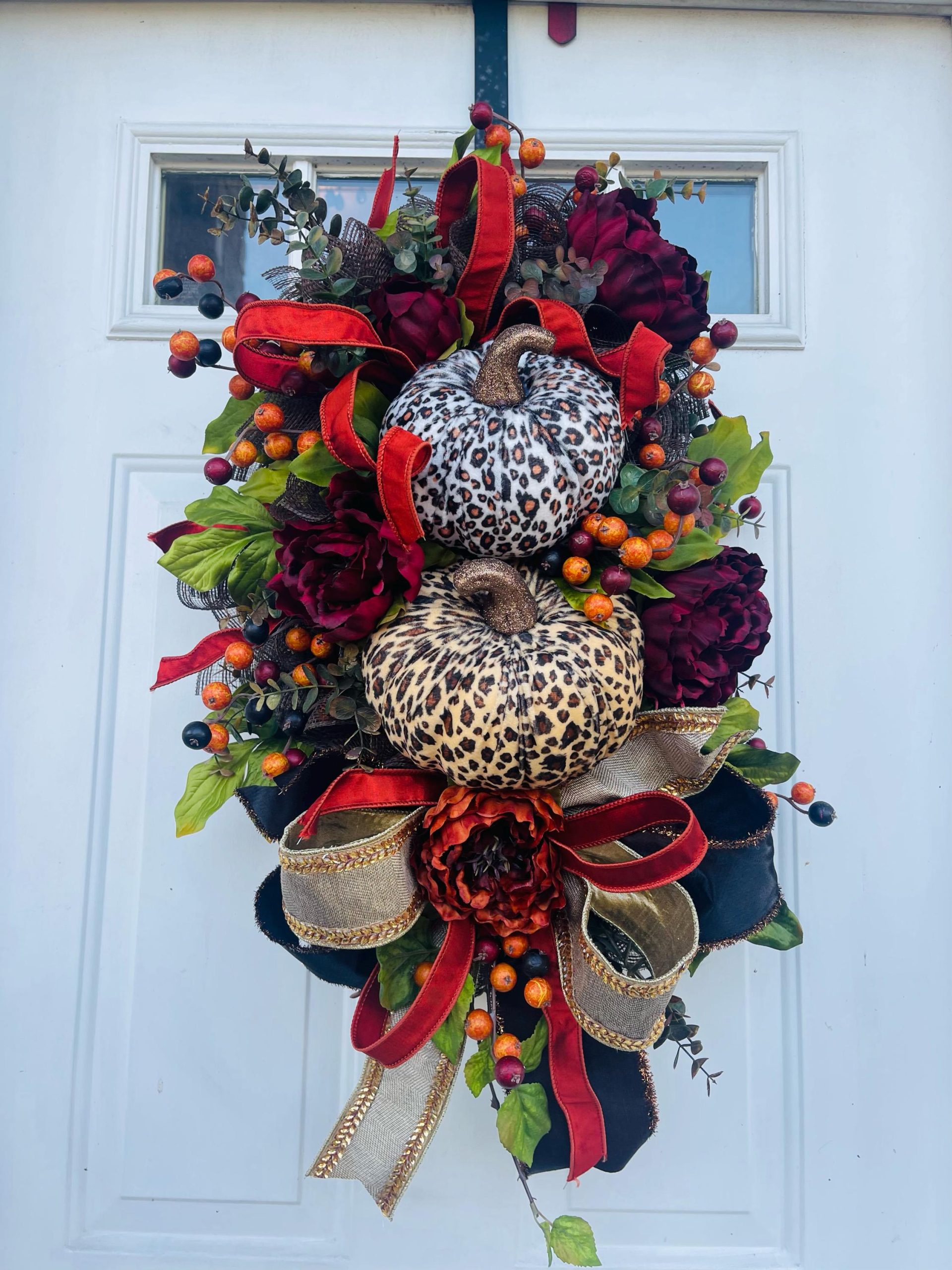 XL Fall wreath for front door, autumn harvest decor with leopard print pumpkins berries and wired ribbon, Cozy thanksgiving wreath for home