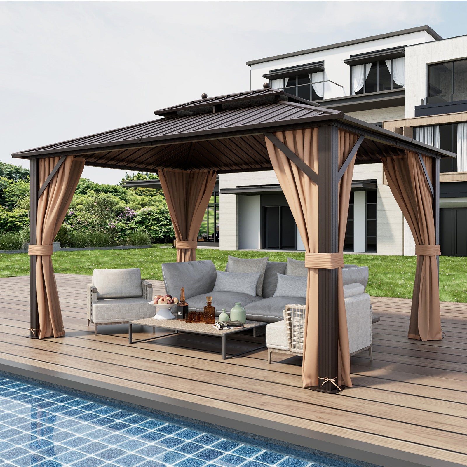 10x13ft Double-Roof Patio Hardtop Gazebo with Galvanized Steel Roof Ne
