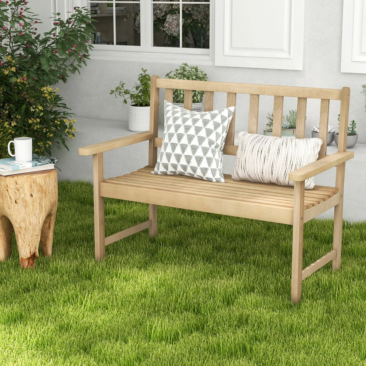 2-Person Outdoor Teak Wood Garden Bench with Backrest and Armrests - DailySteals