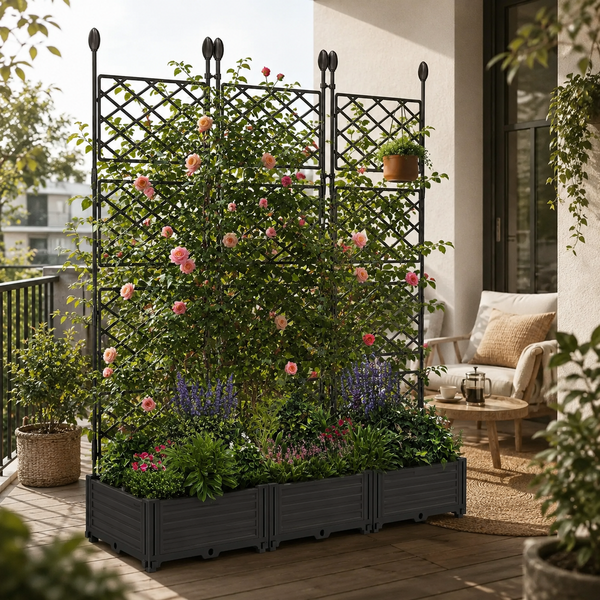 3-Box Raised Planter with Trellis Privacy Screen