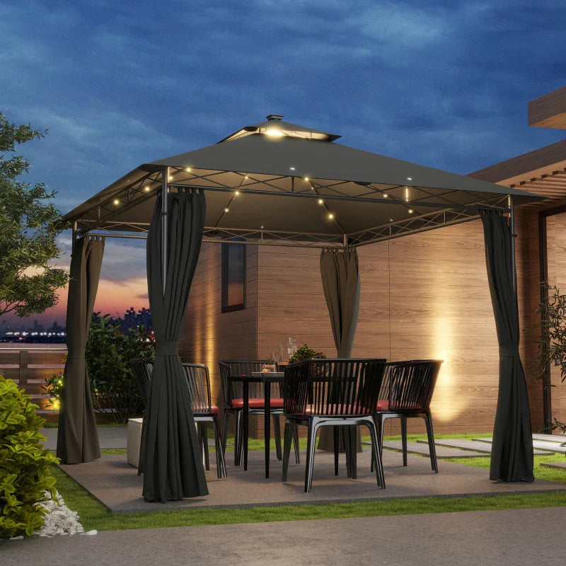 3m x 3m Dark Grey Outdoor Gazebo with Solar LED Lighting, Double-Tier – Pergola Warehouse