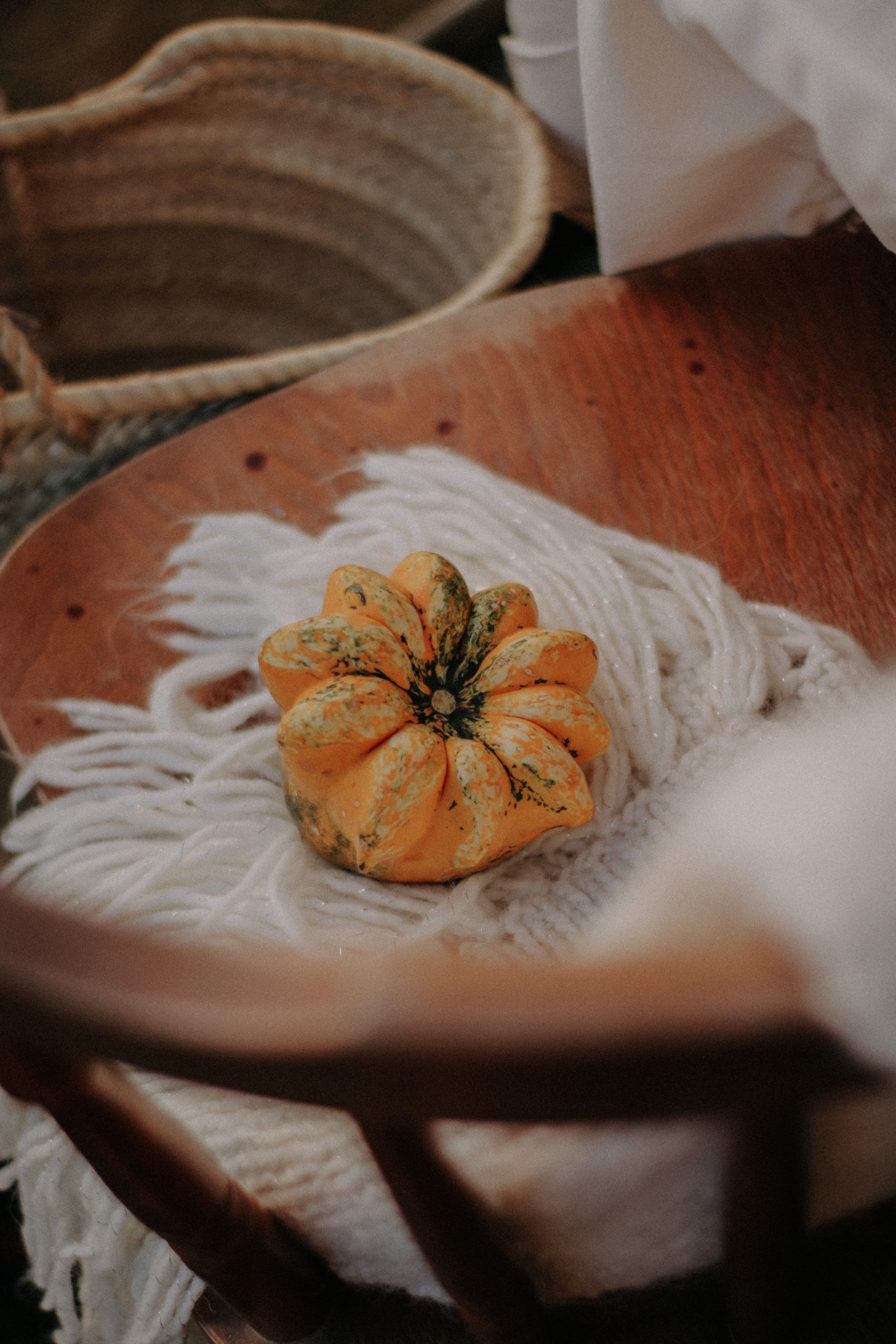 A close-up still life of a small pumpkin on a wooden chair, perfect for fall themes.