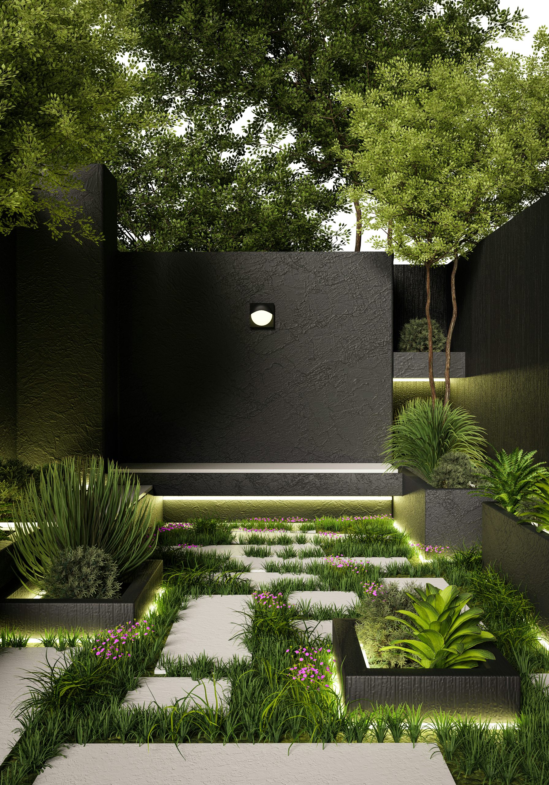 A modern garden with stone steps and lush plants