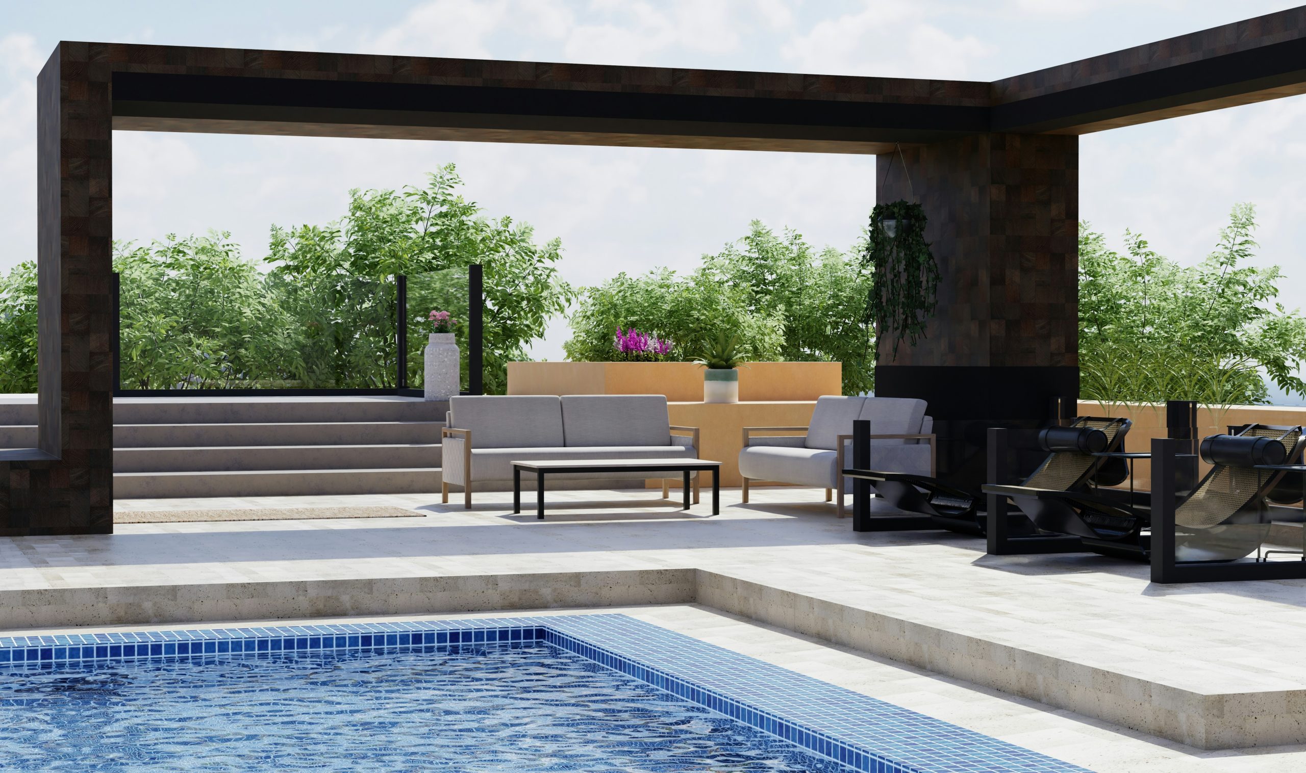 a patio with a pool and lounge chairs