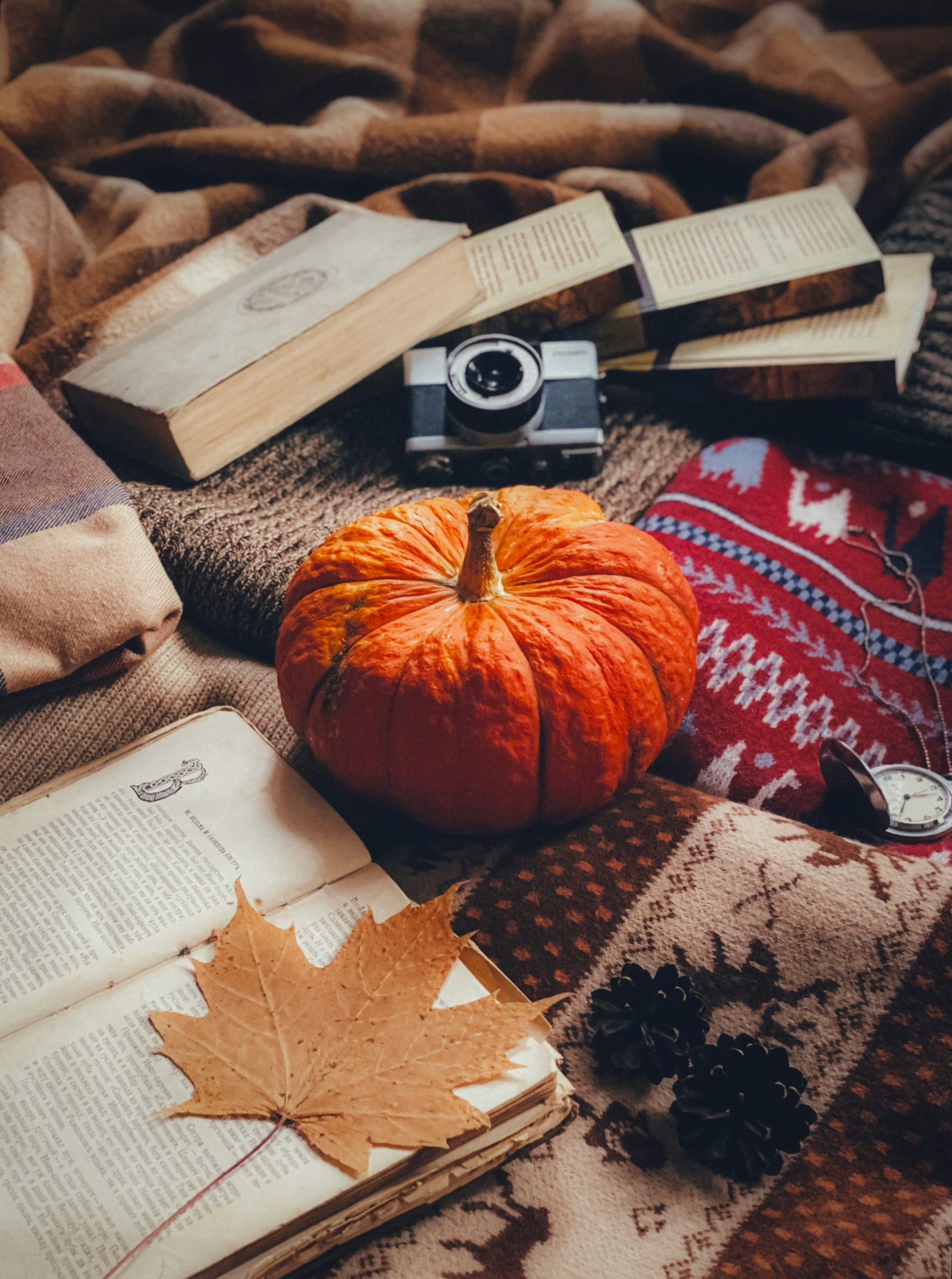 A pile of books and a pumpkin on a blanket
