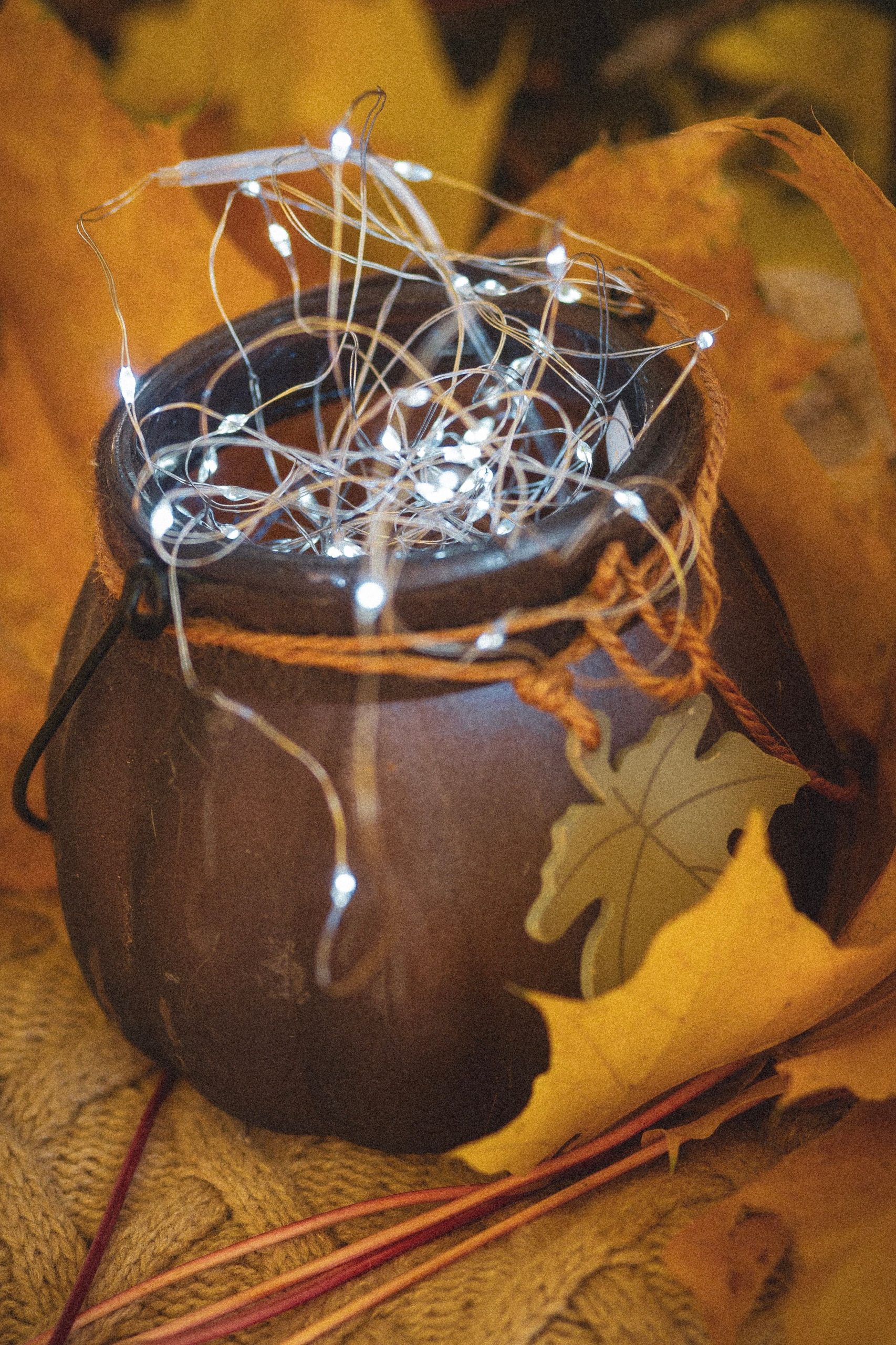 A rustic lantern filled with fairy lights surrounded by autumn leaves. Perfect fall decoration.