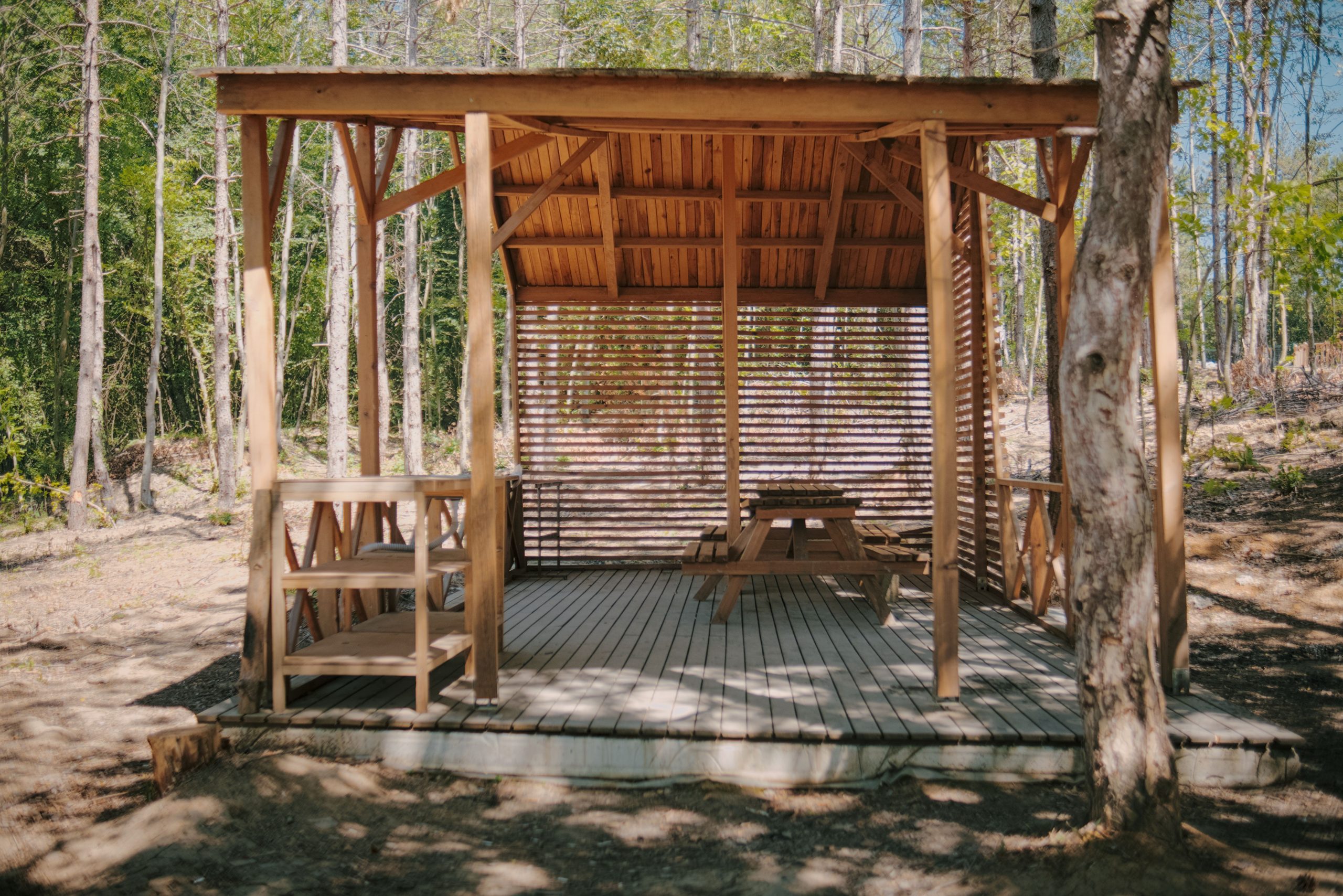 A rustic wooden gazebo nestled in a tranquil forest, perfect for summer relaxation and nature retreats.