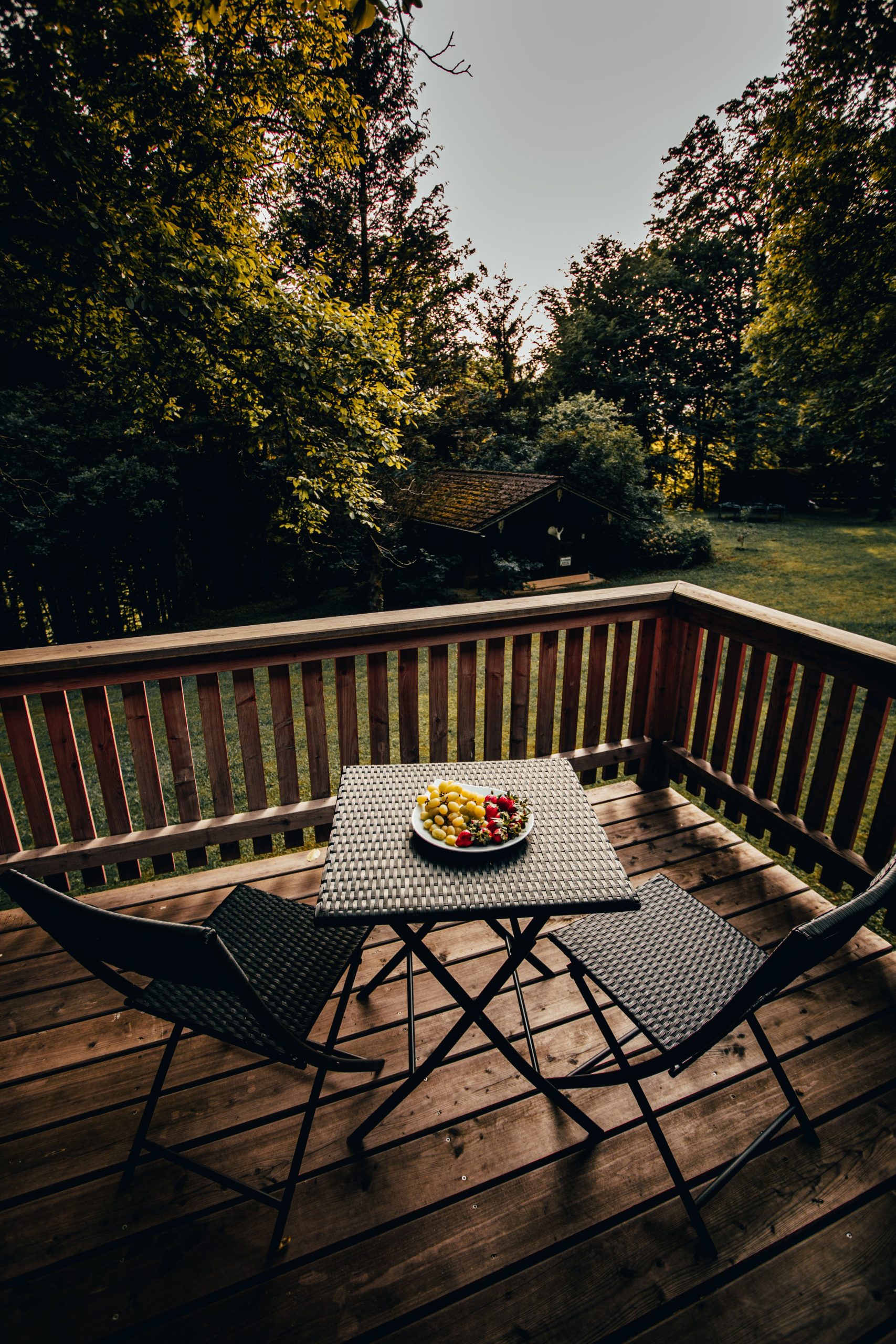A serene patio setup with rattan furniture, surrounded by lush greenery and a calming forest view.