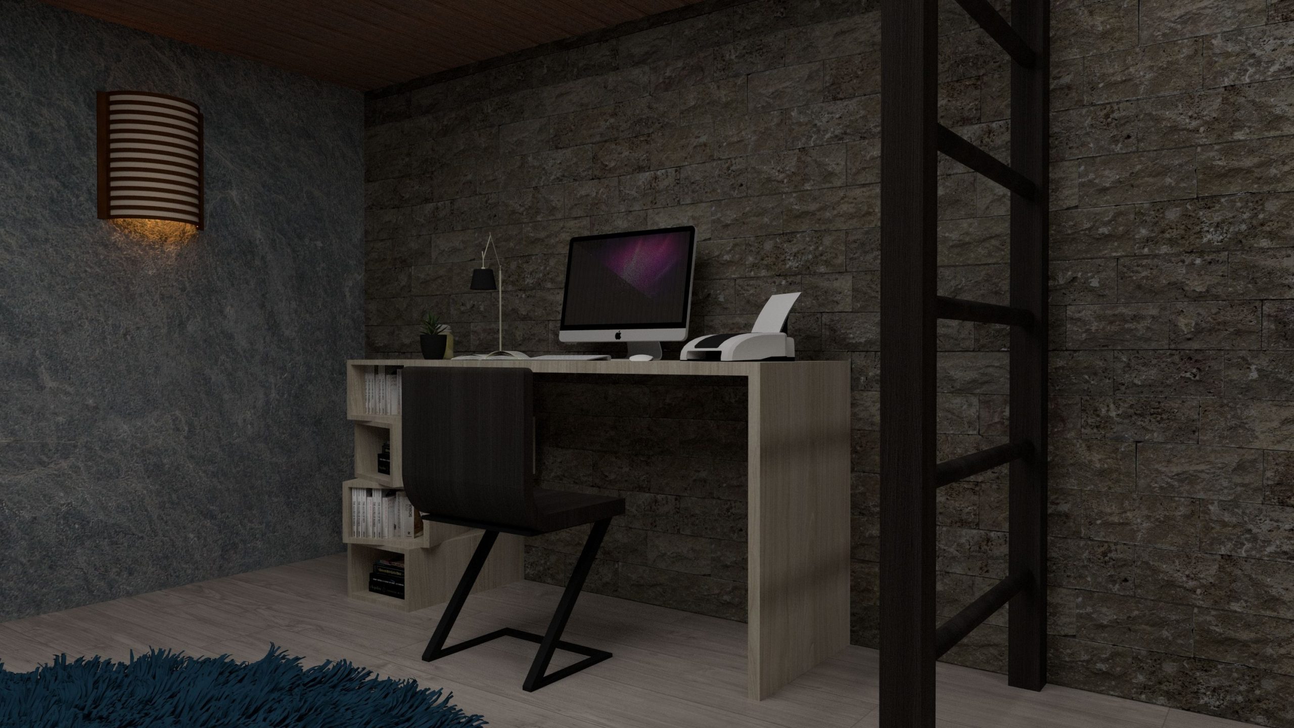 A stylish home office with minimalist desk setup, chair, and computer in dim lighting.