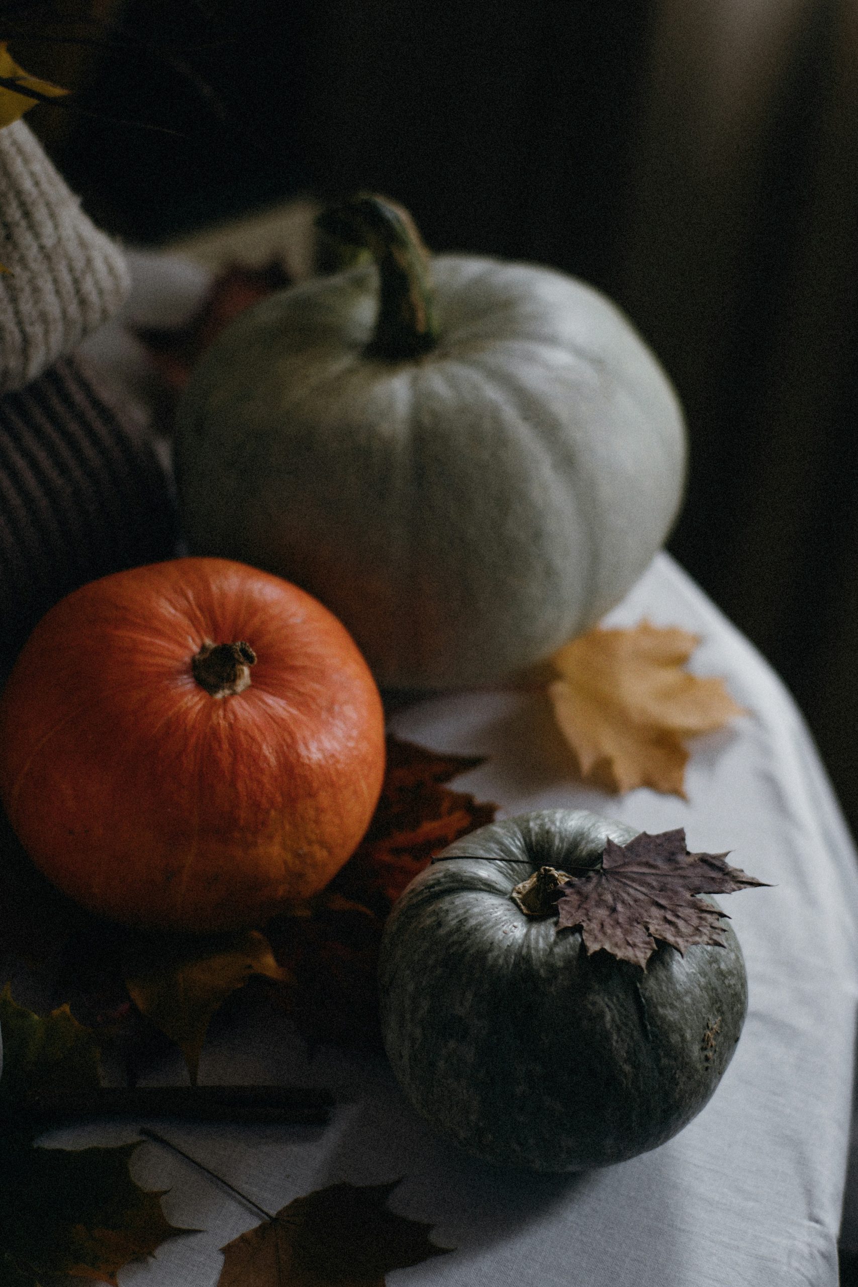 a table topped with pumpkins and leaves
