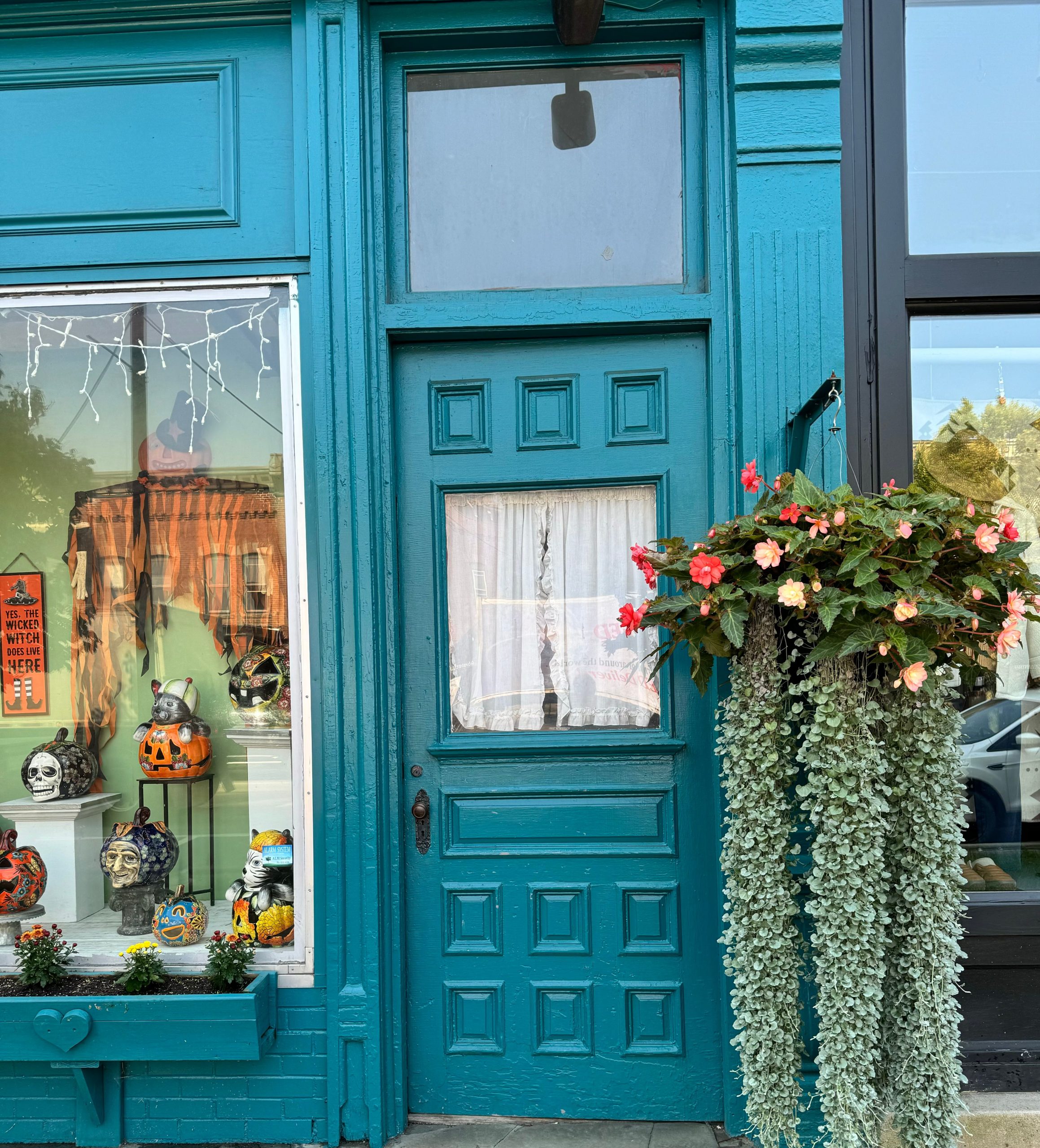 A vibrant teal storefront with Halloween decorations and flowers in Ellicottville, NY.