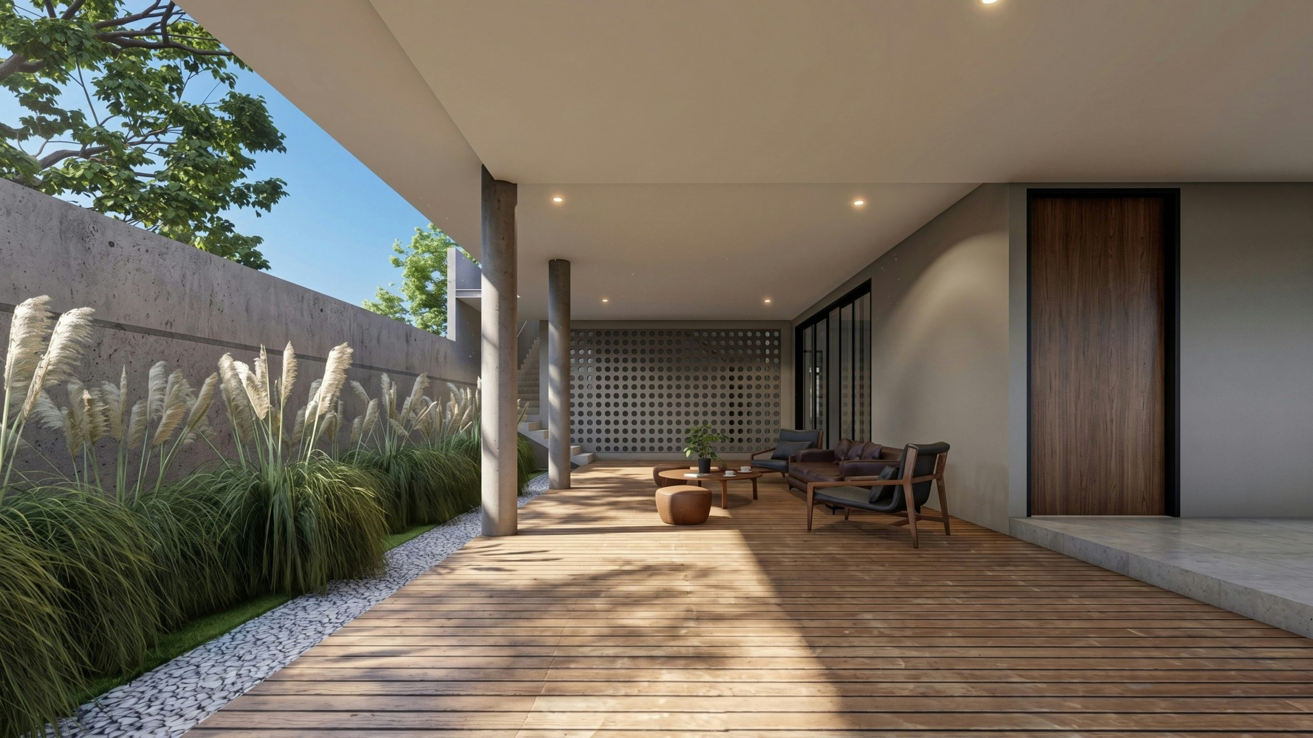 A wooden deck with outdoor furniture beside a row of tall ornamental grasses