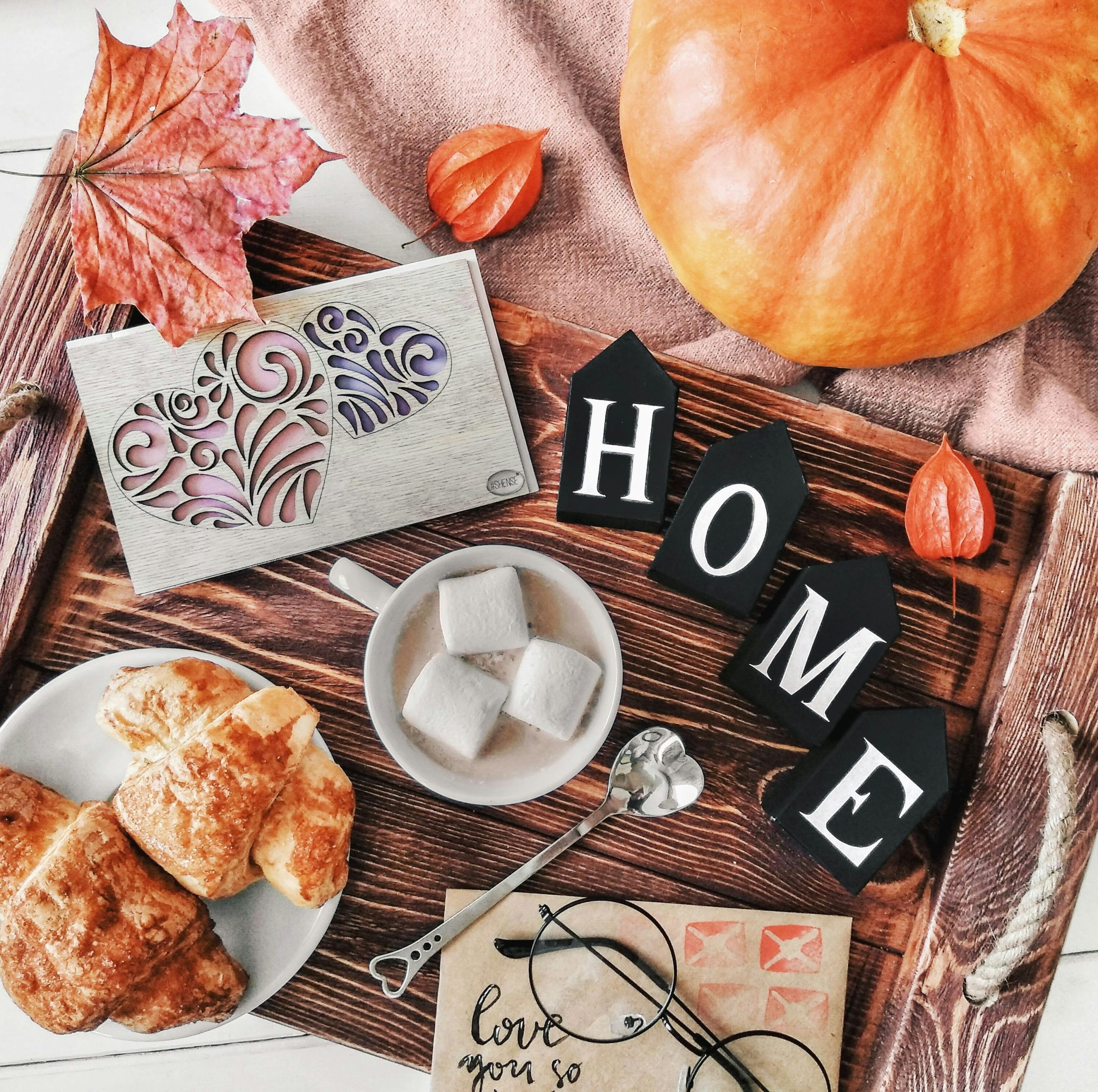 autumn leaves flatlay pumpkins food