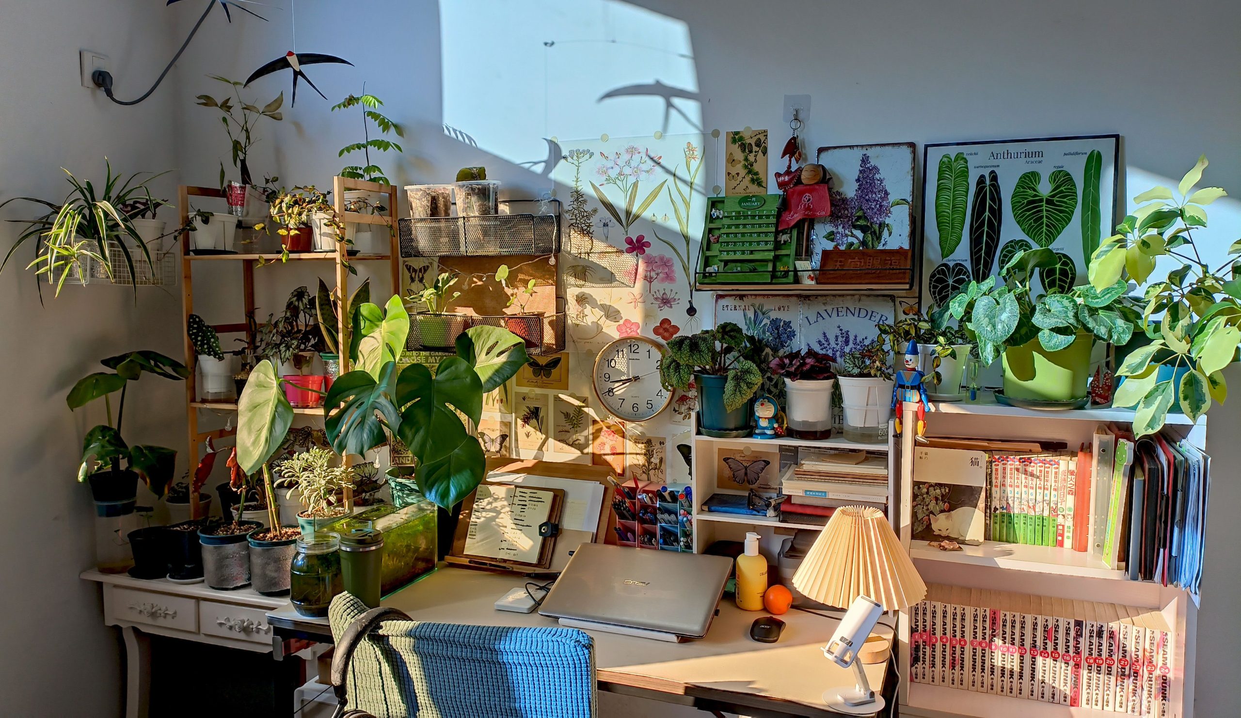 Bright and inviting home office filled with potted plants and inspiring decor, perfect for a creative workspace.