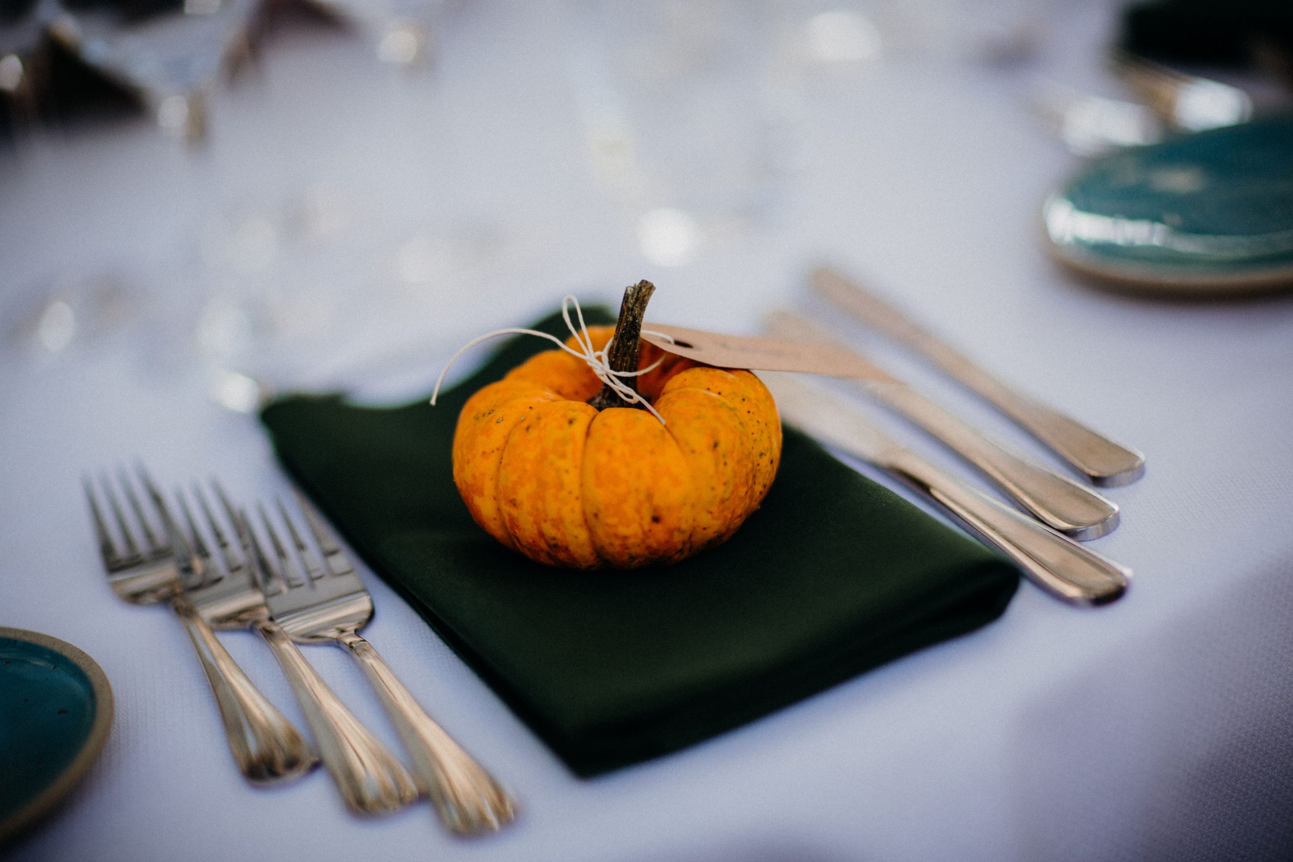 Charming table setting featuring a mini pumpkin, silverware, and green napkin for autumn decor.