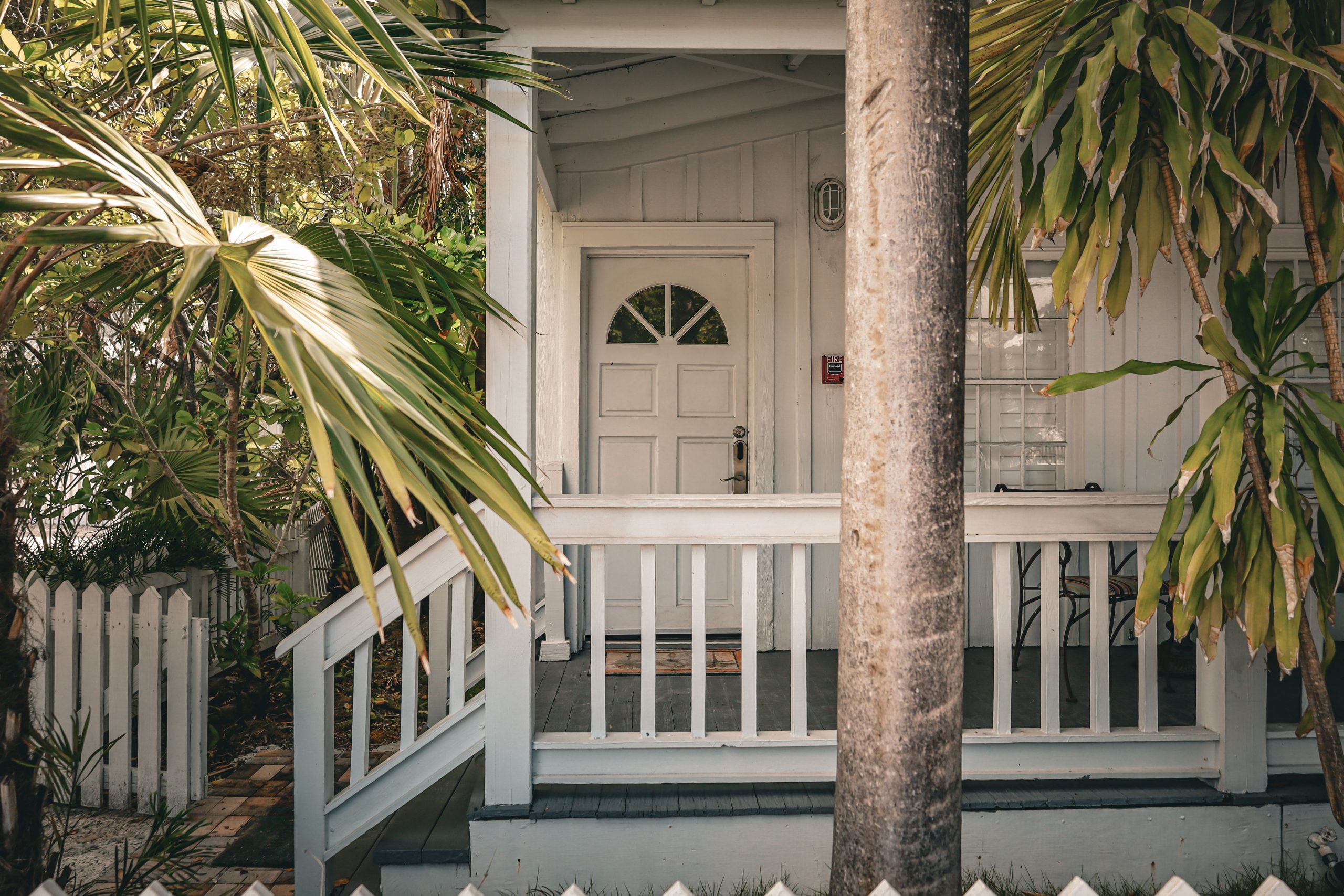 Charming tropical front porch with palm trees and white wooden railing, evoking a summer vibe.