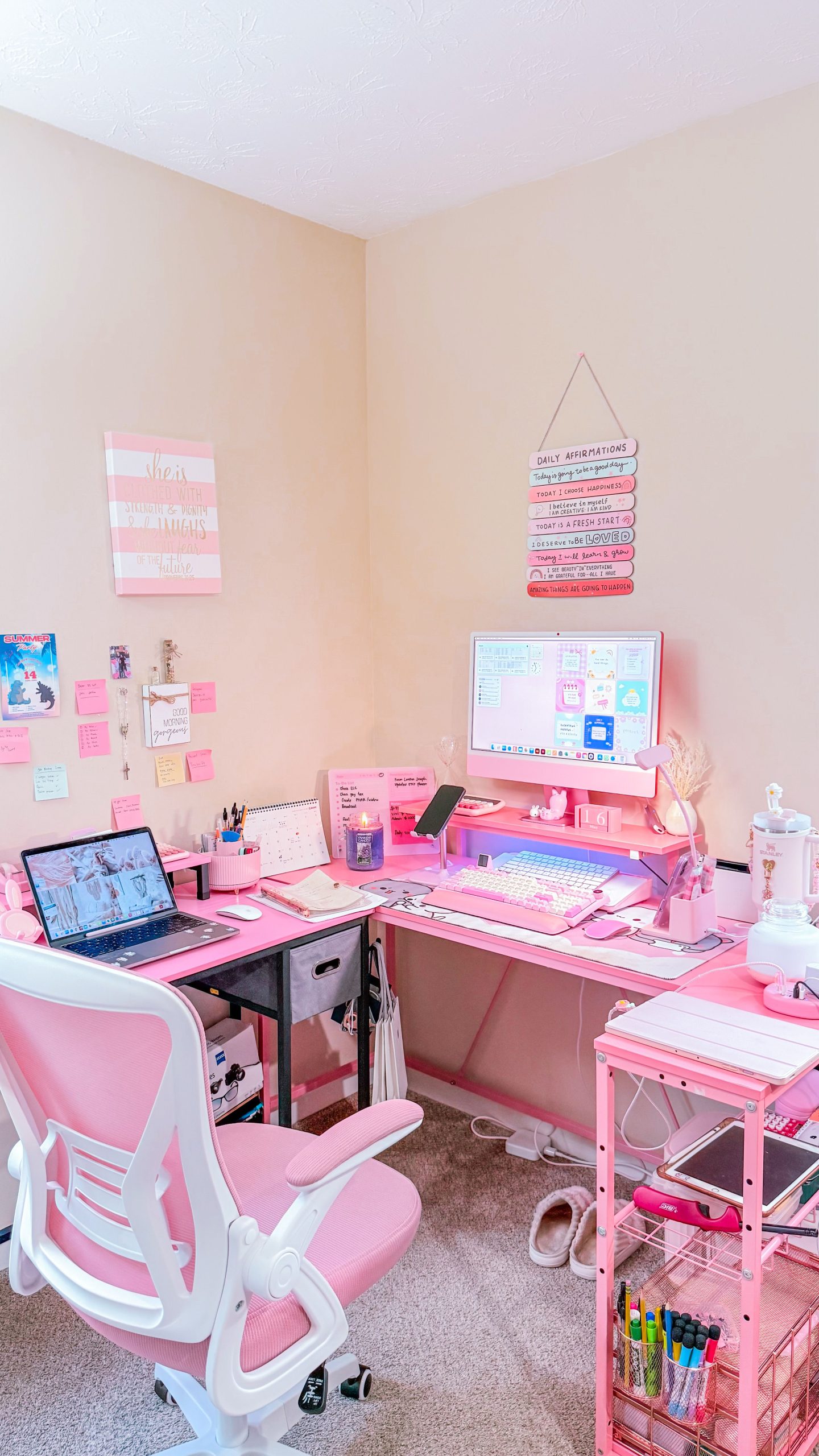 Chic and modern pink-themed home office setup with desk, chair, and decor in Duluth, GA.