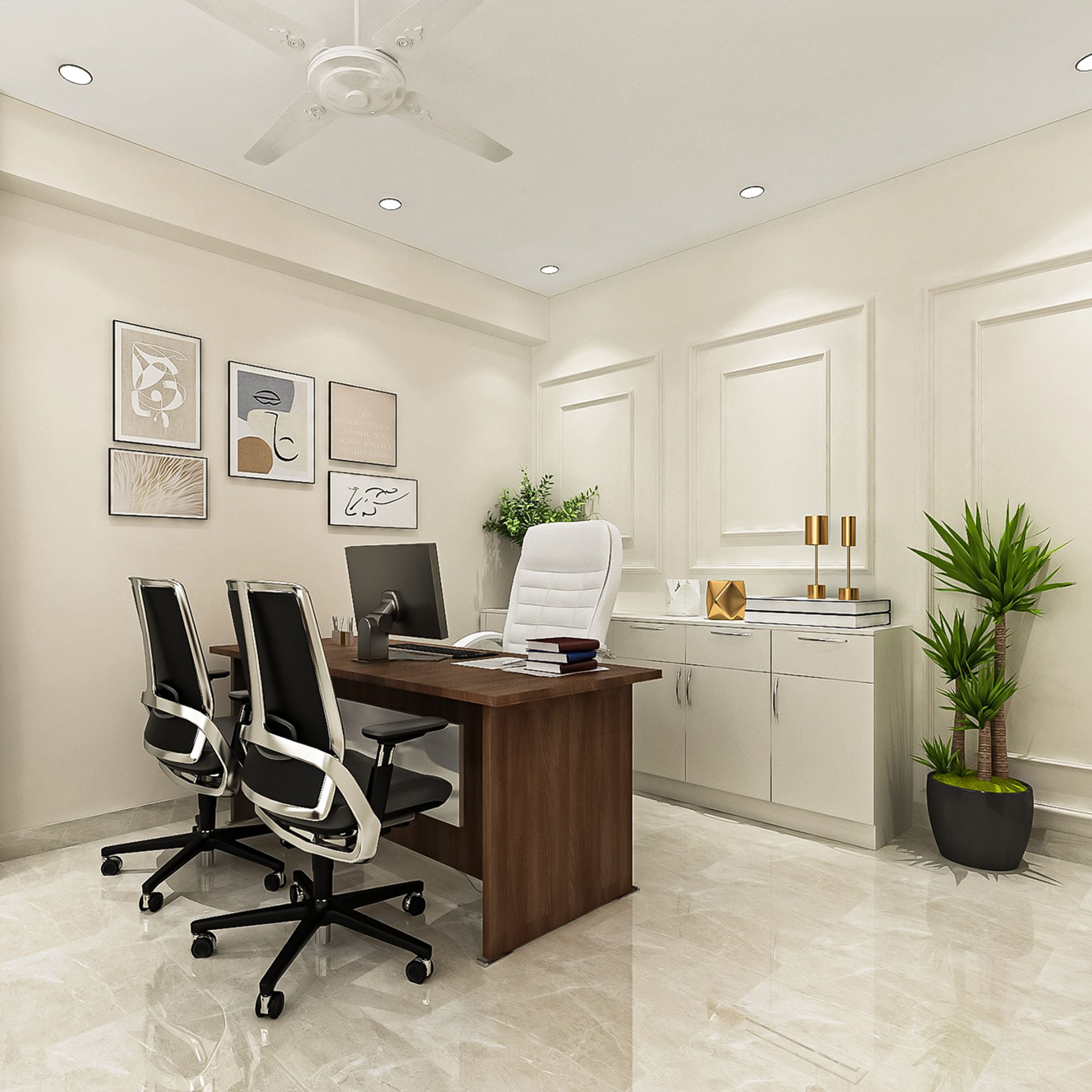Contemporary Home Office Design with White Cabinet and Green Potted Plant Setup | Livspace