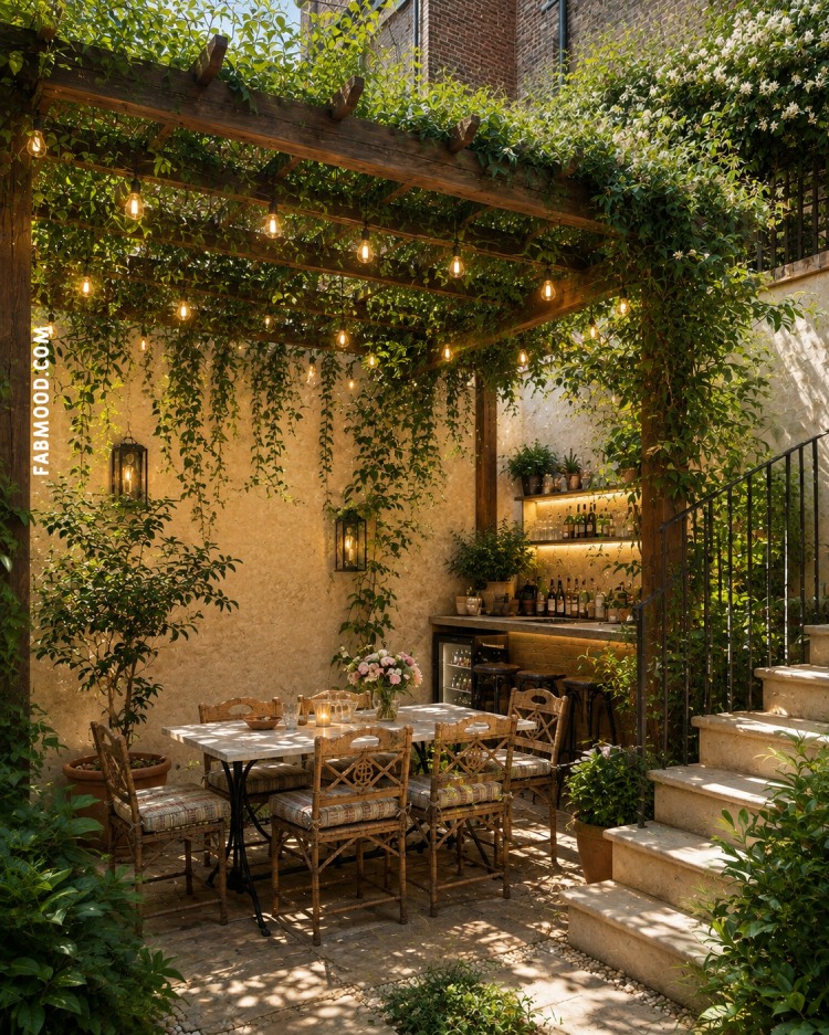 Cosy City Courtyard Pergola With Jasmine, Dining Area and Garden Bar