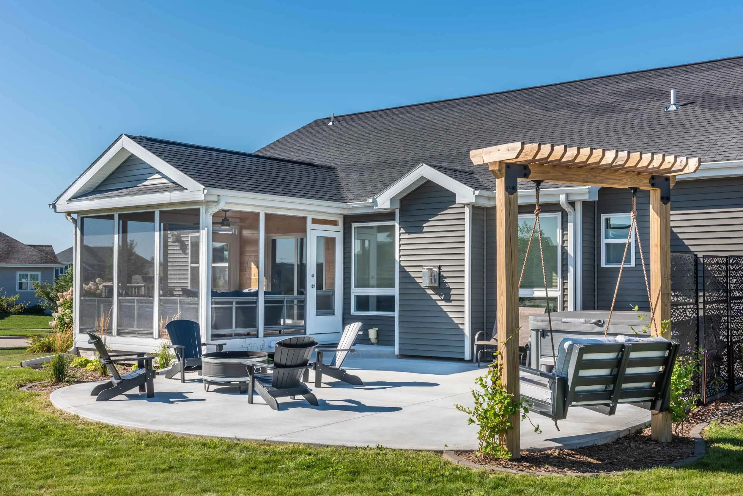 Covered Porch Outdoor Living With Hot Tub & Fire Pit — Degnan Design-Build-Remodel