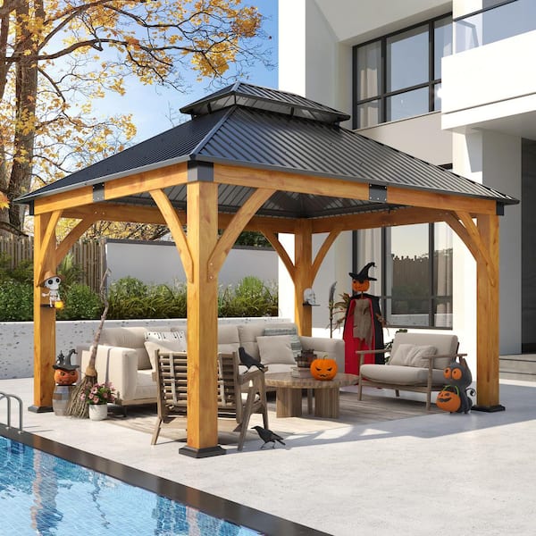 COVERONICS Hardtop Gazebo COVERONICS 11'x13' Wood Gazebo With Galvanized Steel Hardtop Roof – Gable Design, Privacy Curtains & Mesh Nets, For Patio, Deck, Backyard, And Poolside