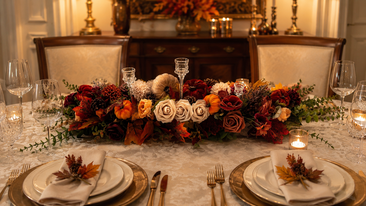 Elegant Autumn Centerpiece with Pumpkins, Flowers, and Candle Holders – Atelier