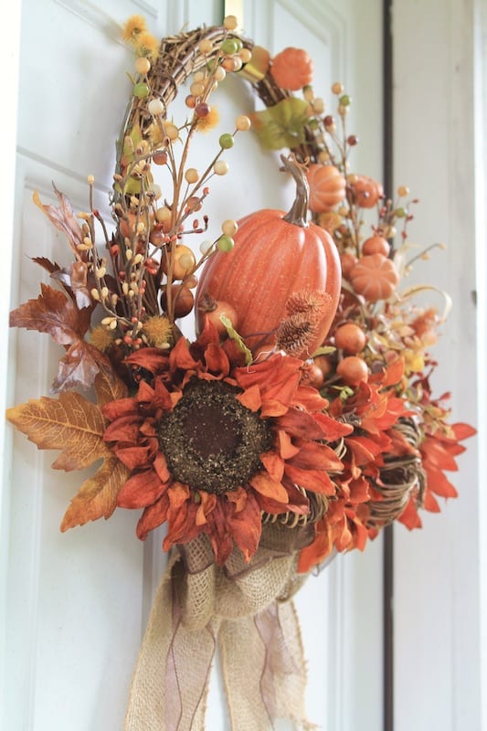 Elegant DIY Pumpkin Wreath With Burlap and Fall Spice Colors