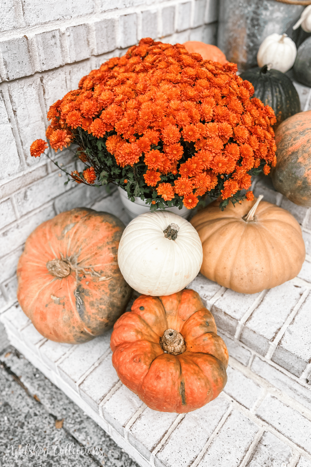 Fall front porch with cascading pumpkins - Wilshire Collections