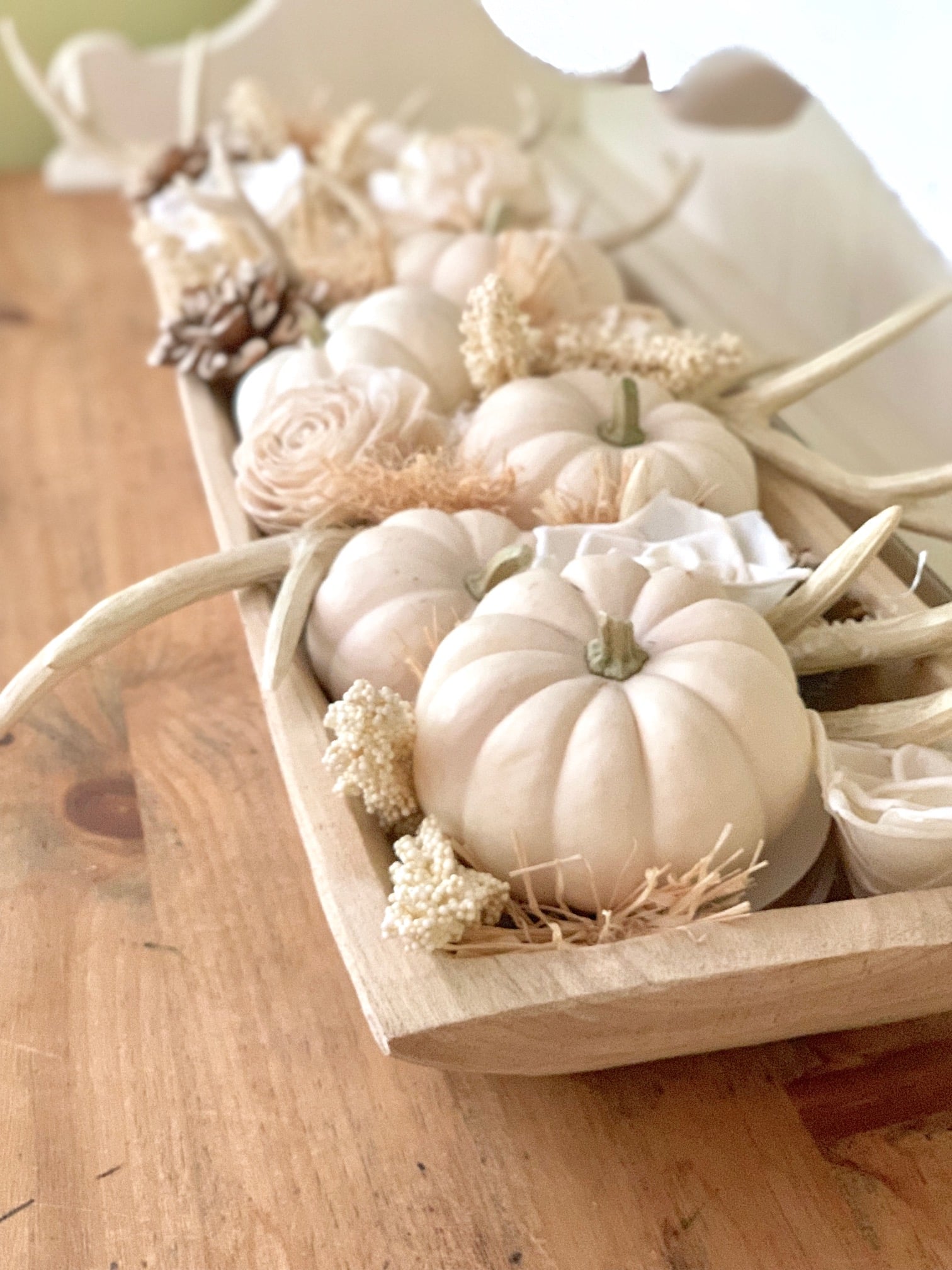 Farmhouse-Style Neutral Dough Bowl Design with Mini White Pumpkins - Celebrated Nest
