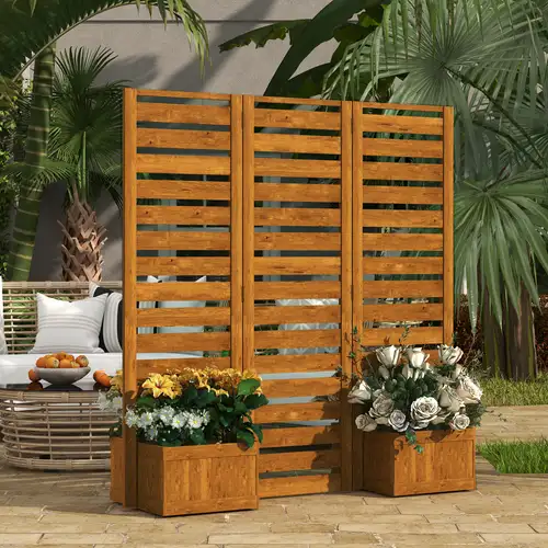freestanding outdoor privacy screen with 4 self-draining planters - heavy-duty wood, modern gray vertical panel fence with lattice back panel for patio, balcony, deck - durable & easy assembly, deco