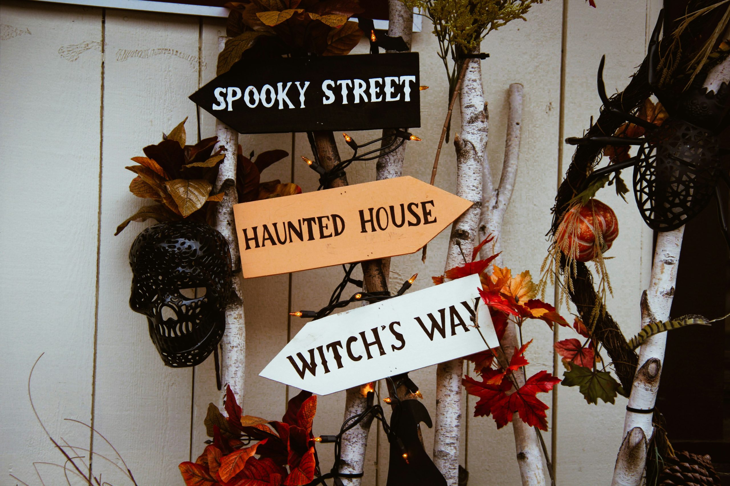 Halloween directional signs for spooky street, haunted house, witch's way