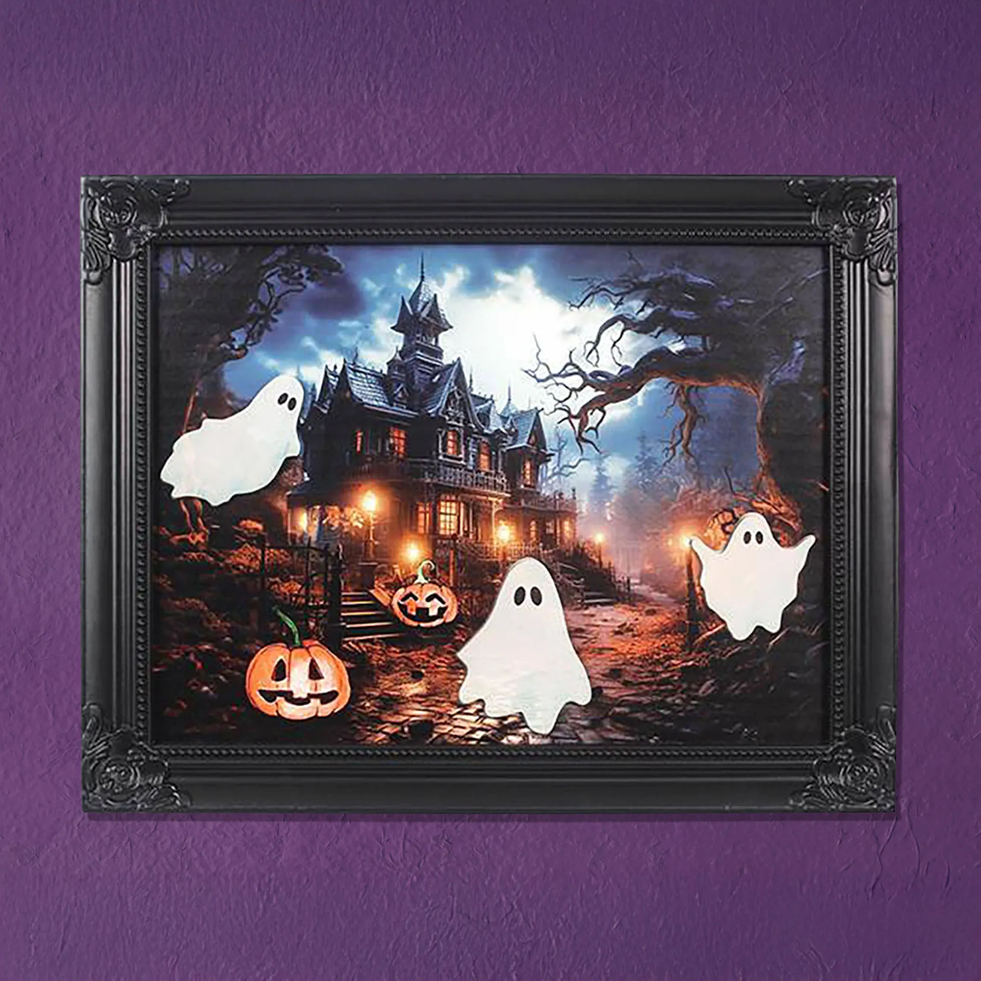 Happy Haunting Ghost Jack o Lantern Haunted House Framed Halloween Wall Art