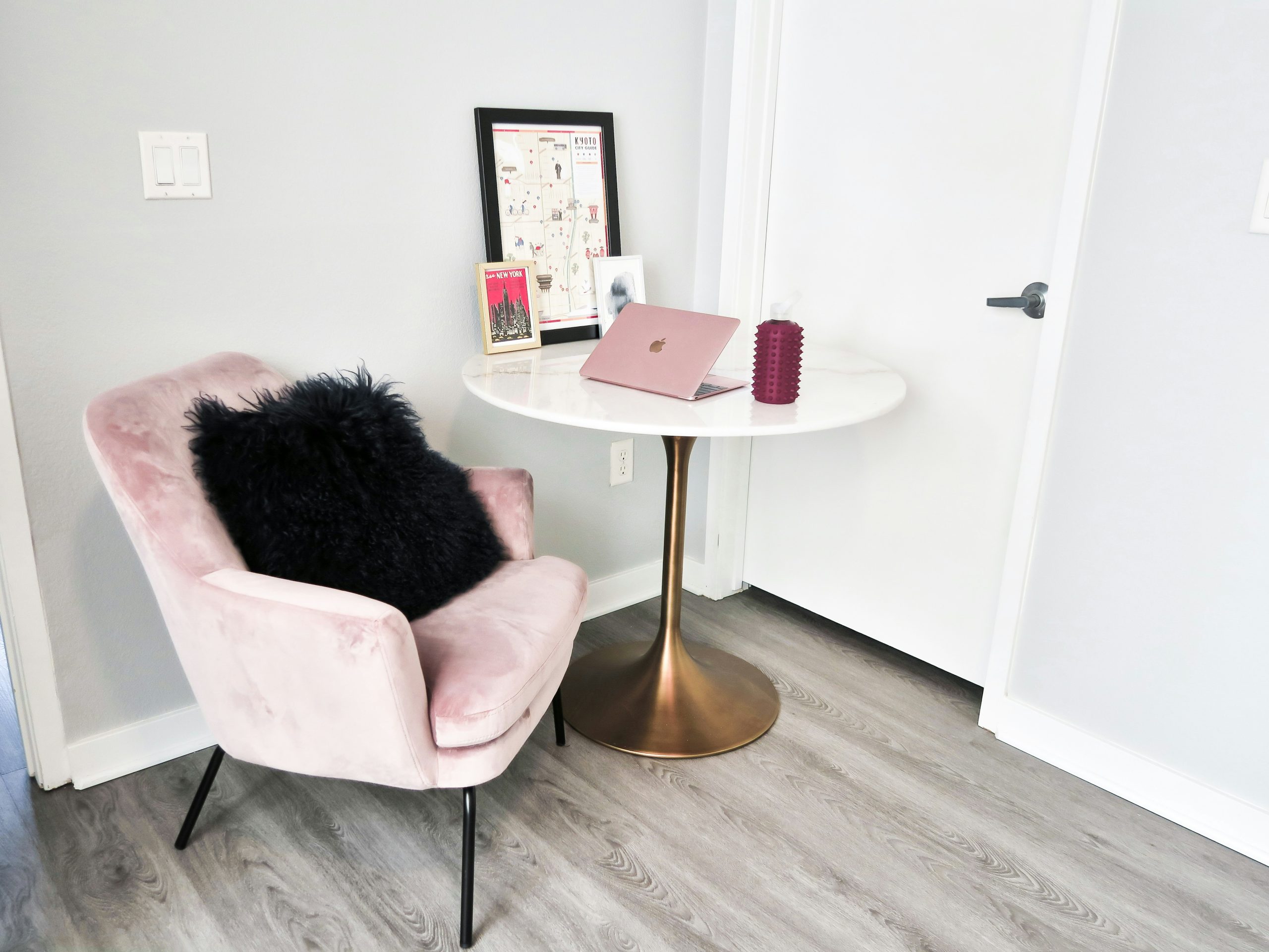 home office setup with rose gold macbook