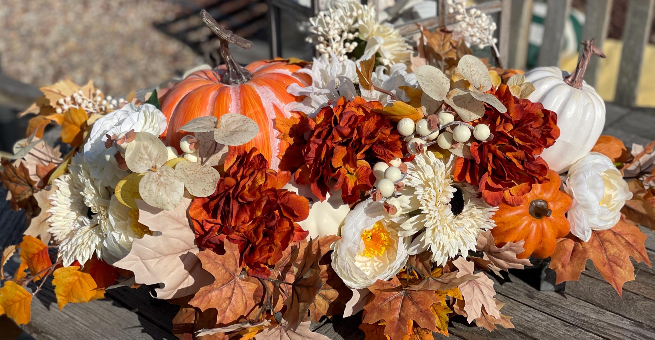 Large Fall Table Centerpiece: Sunflowers, Pumpkins, Galvanized Container